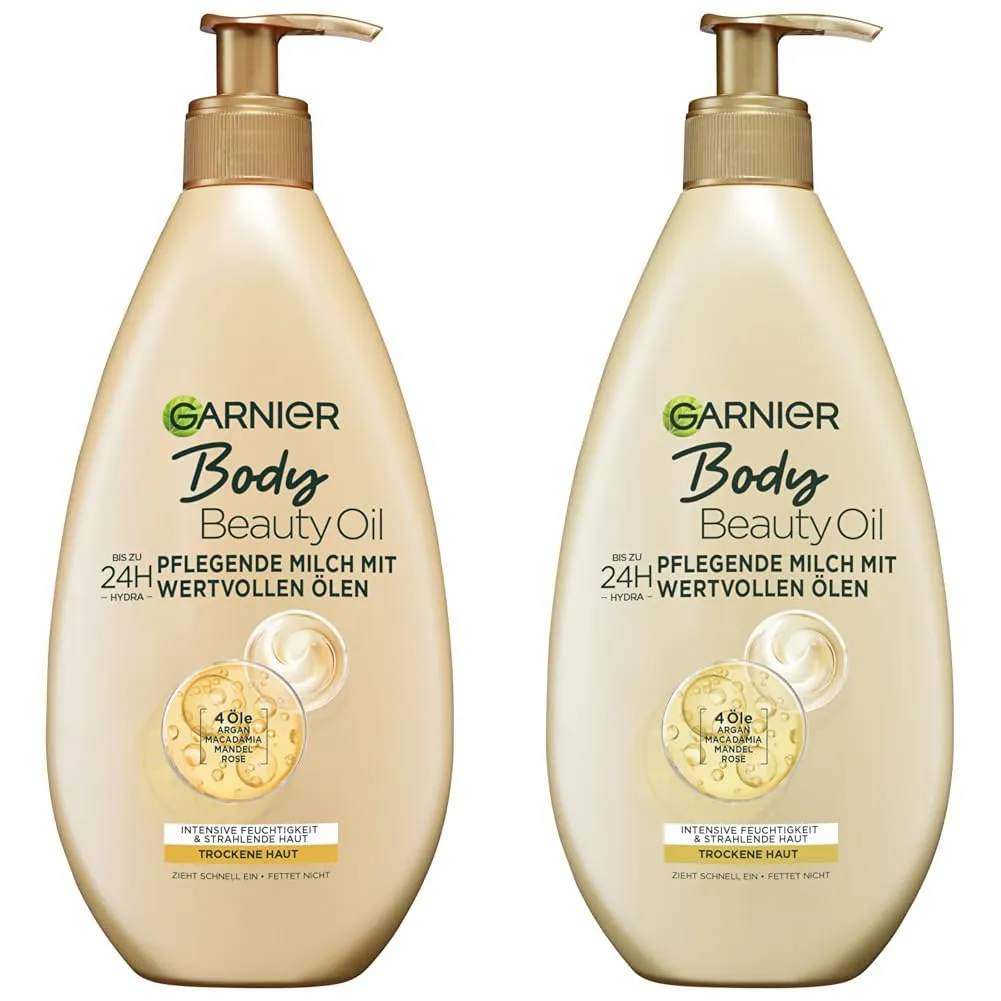 Bild von Garnier nährende Öl Milch 2er Pack mit 400 ml für trockene Haut, enthält Argan-, Macadamia-, Mandel- und Rosenöl