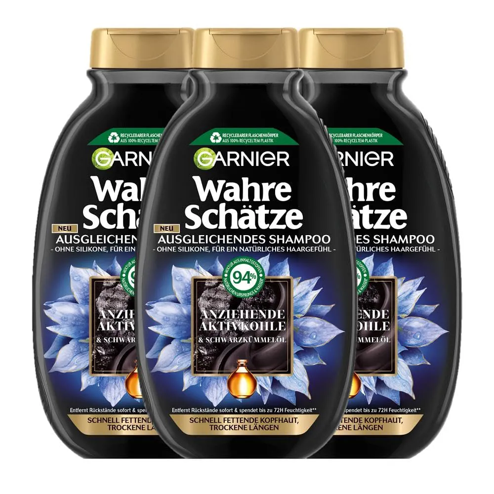 Bild von Garnier Wahre Schätze Shampoo Set mit 3 x 250 ml für fettige Kopfhaut und trockene Haarlängen mit Aktivkohle und Schwarzkümmelöl