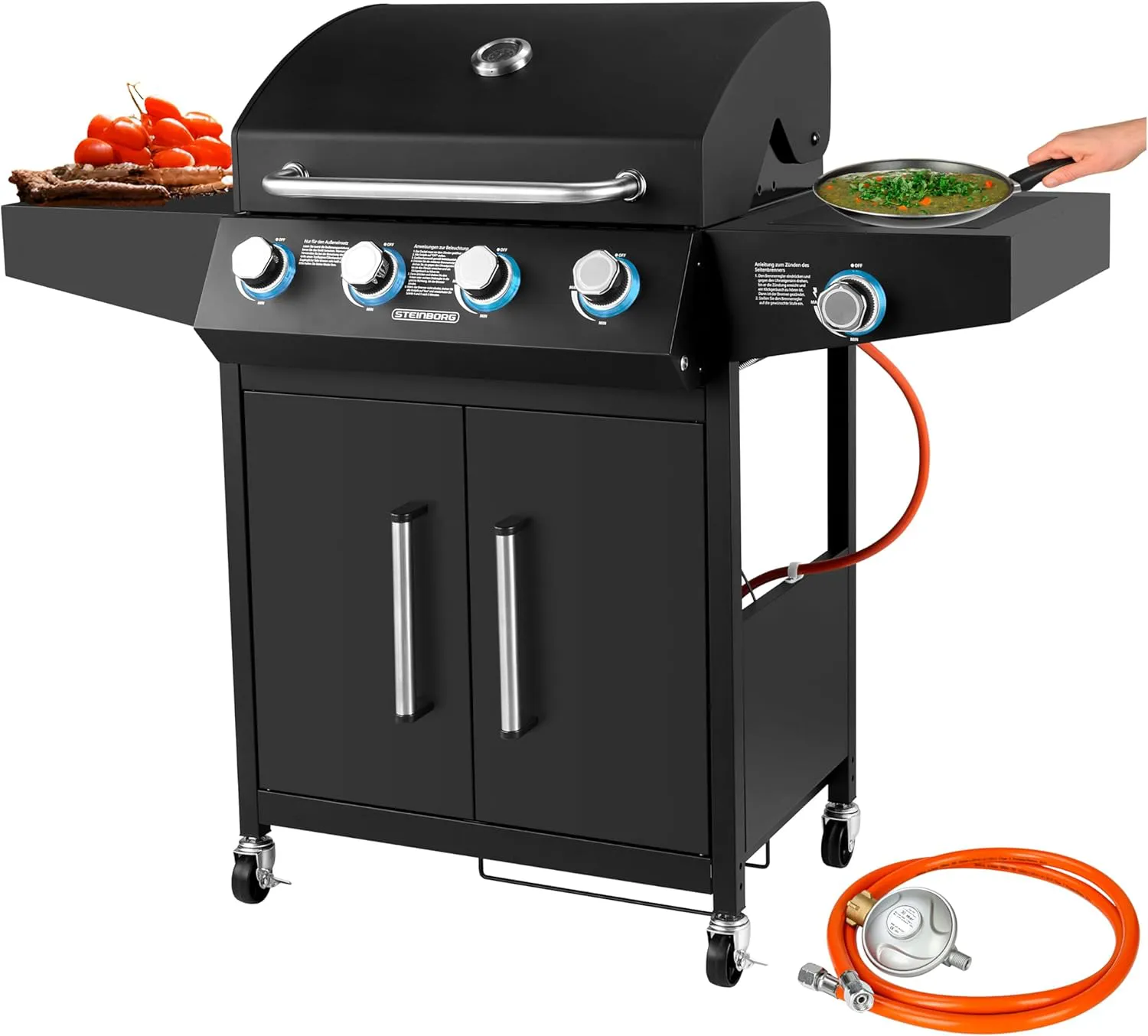 Bild von Gasgrill mit 4 Brennern und Seitenbrenner, inklusive Gasschlauch und beleuchteten Drehknöpfen