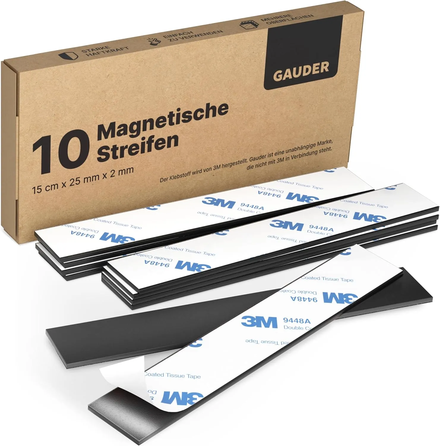 Bild von GAUDER selbstklebende Magnetstreifen Set mit 10 Stück, 2 mm x 25 mm x 15 cm