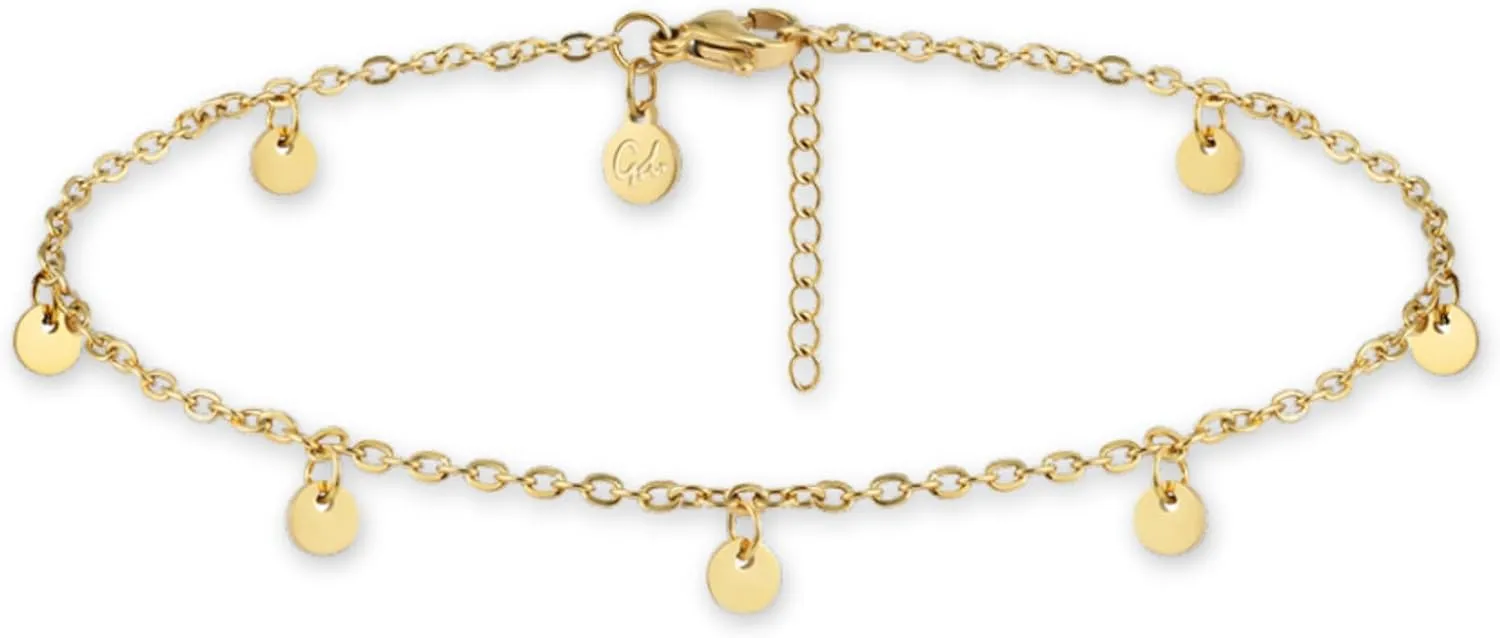 Bild von GD GOOD.designs verstellbares Fußkettchen aus Edelstahl für Damen in Gold, Silber oder Rosegold mit wasserfesten Plättchen und Coins (22-27 cm)