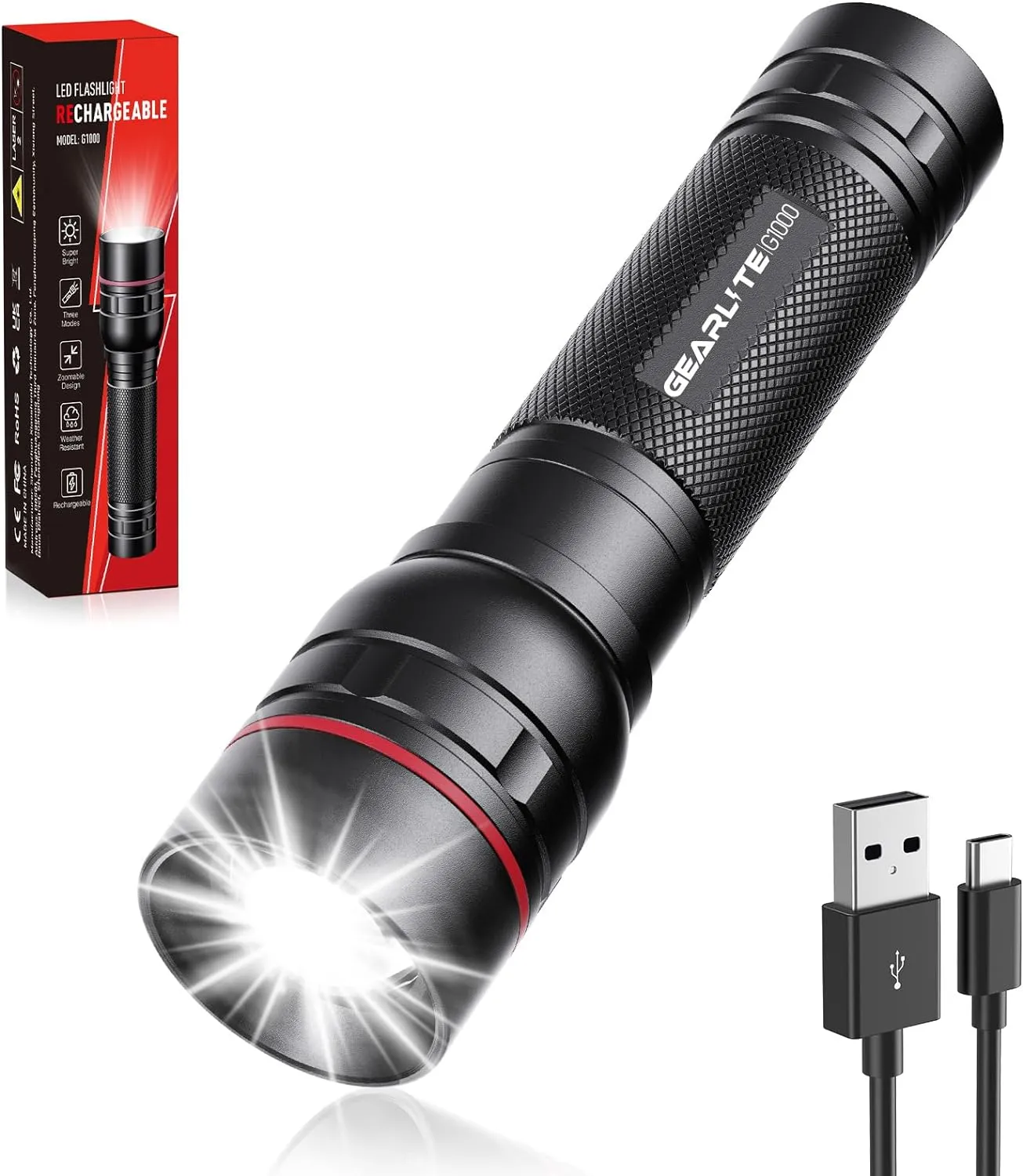 Bild von GEARLITE LED Taschenlampe mit 2000 Lumen, 3 Modi und Zoom, wiederaufladbar und wasserdicht für Outdoor-Aktivitäten