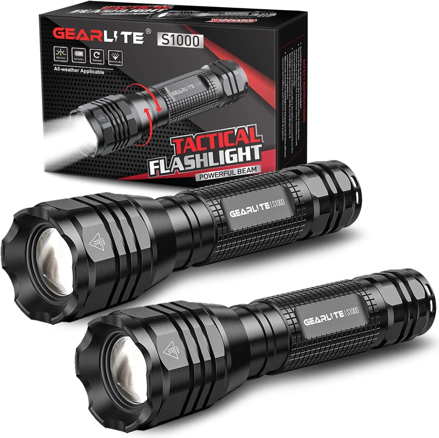 Bild von GEARLITE LED Taschenlampe Set mit 2 Aluminiumlampen, 4000 Lumen, 5 Modi, IP65 wasserdicht, zoombar für Outdoor-Aktivitäten