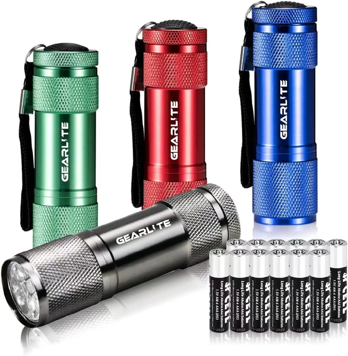 Bild von GEARLITE Mini LED Taschenlampe im 4er Pack aus Aluminium mit 12 AAA Batterien, IP65 wasserdicht und mit Lanyard für Kinder beim Camping und Wandern