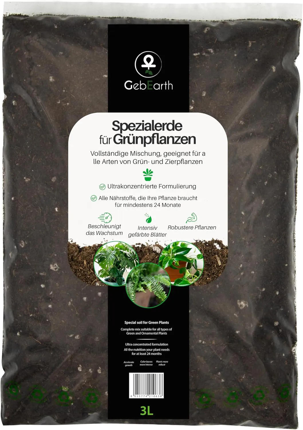 Bild von GebEarth Blumenerde für Grünpflanzen mit langfristigen Nährstoffen, 3 Liter