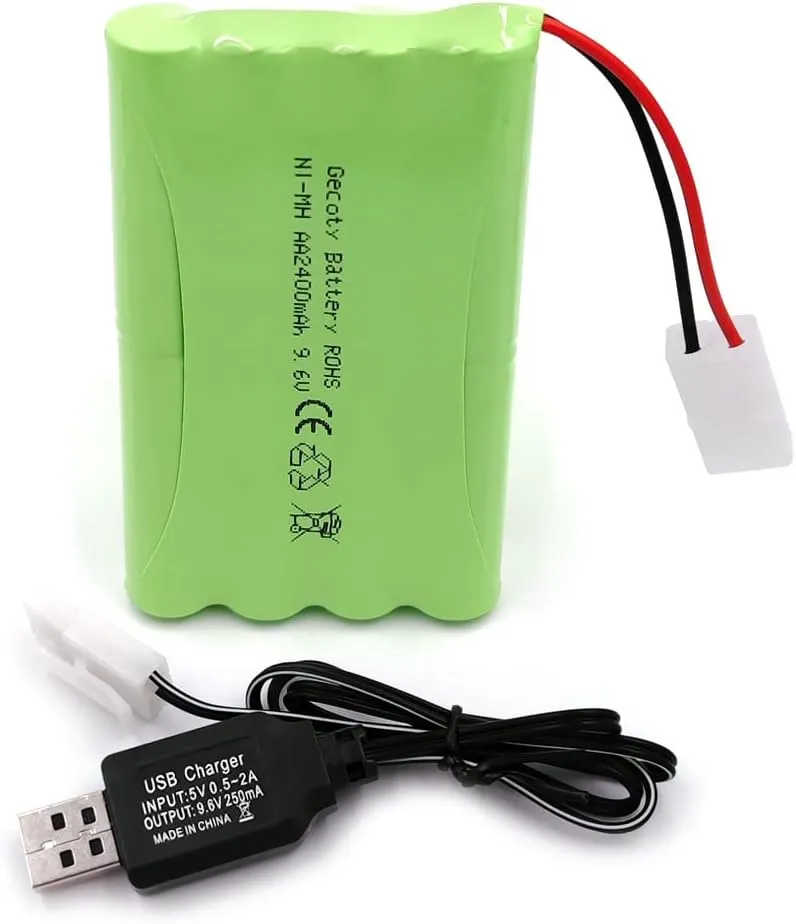 Bild von Gecoty 9.6V NiMH Akku mit 2400mAh und KET 2P Anschluss, inklusive Ladekabel für RC Trucks, Tanks und Schlachtschiffe