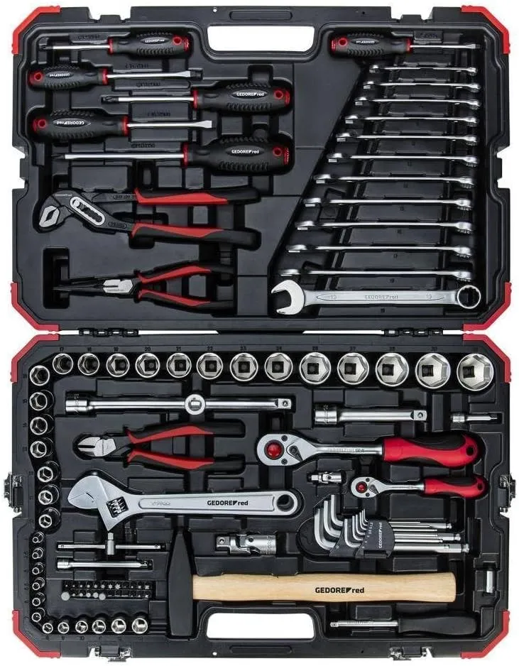 Bild von GEDORE red 100-teiliges Steckschlüsselsatz Set mit Ratsche, Steckschlüsseln, Bits, Hammer, Ringmaulschlüsseln und Zangen
