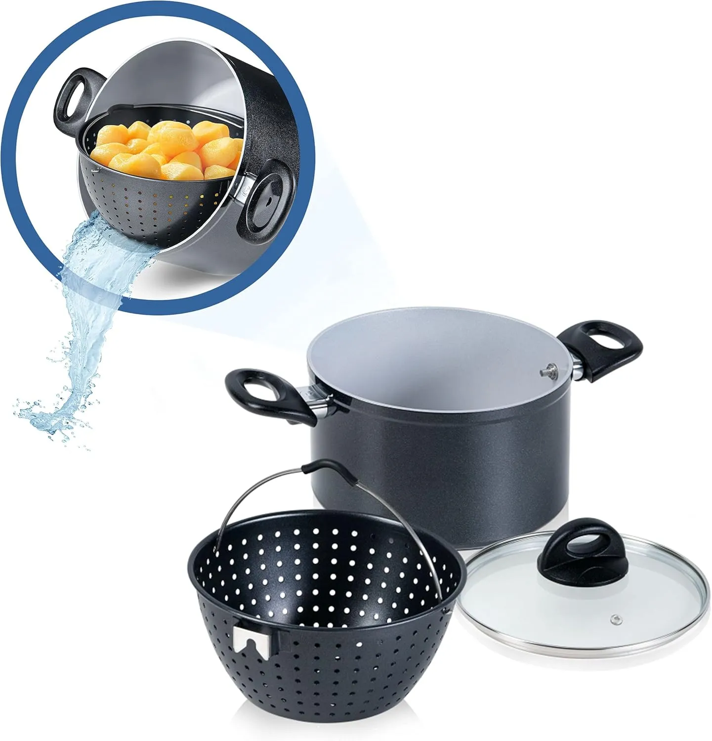 Bild von Genius A24661 Cerafit Magic Pot Kochtopf-Set mit 20 cm Durchmesser und 3,7 Litern, inklusive Siebeinsatz und Glasdeckel, geeignet für alle Herdarten