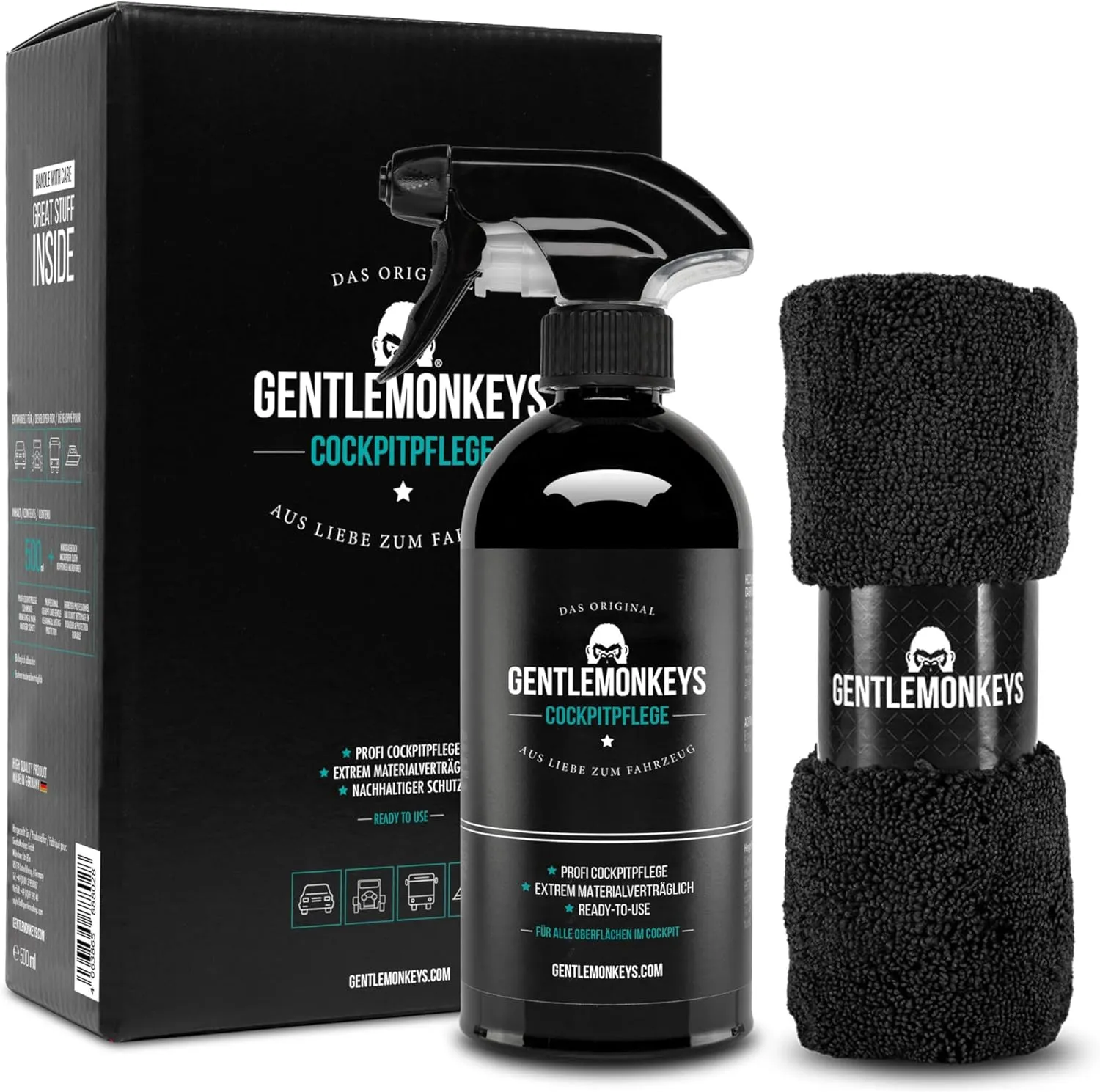 Bild von GENTLEMONKEYS Profi Cockpitpflege Set mit 500 ml Innenraumreiniger und Mikrofasertuch für Kunststoffe und Glattleder