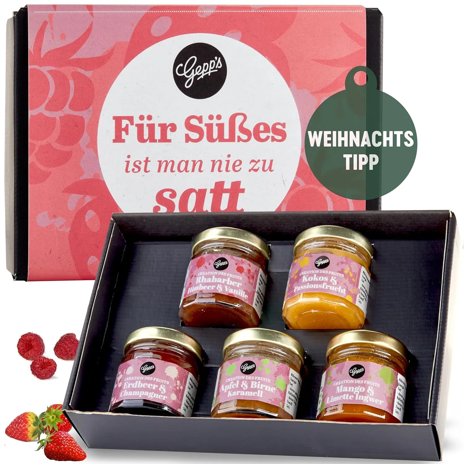 Bild von Gepp's Feinkost Frühstück Marmeladen Set mit Mini Konfitüren in verschiedenen Geschmacksrichtungen als Weihnachtsgeschenkset