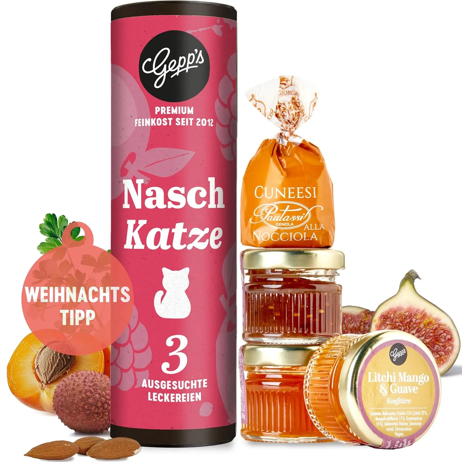 Bild von Gepp's Geschenkset Naschkatze mit 3 Mini-Marmeladengläsern in den Geschmacksrichtungen Litschi-Guave-Mango, Aprikose-Yuzu und Feige