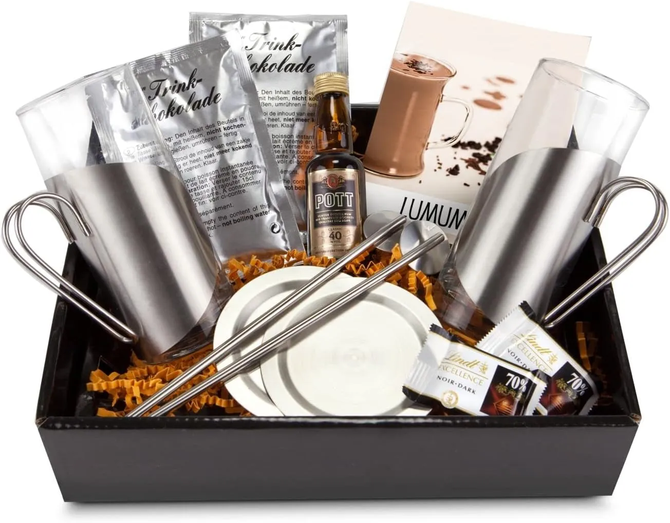 Bild von Geschenkset Lumumba 12-teilig mit Rum, Schokolade, Gläsern, Untersetzern und Trinkhalmlöffeln