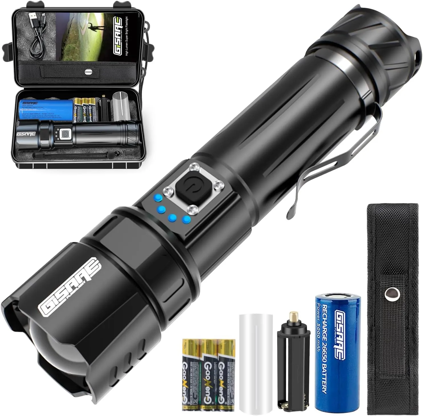 Bild von Gisaae LED Taschenlampe mit 10000 Lumen, aufladbar, wasserdicht nach IP67 und 5 Leuchtmodi für Camping und Wandern