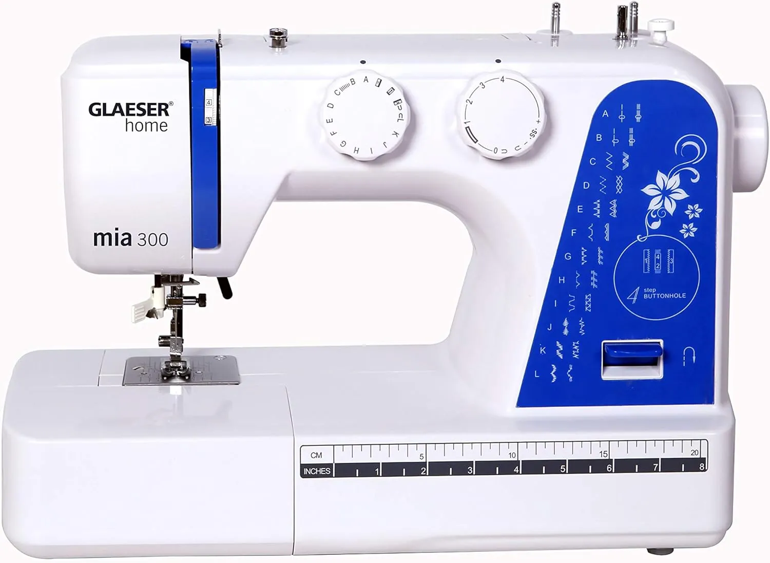 Bild von Glaeser Mia 300 Nähmaschine für Anfänger mit automatischem Einfädler und 24 Stichvarianten in Weiß und Blau