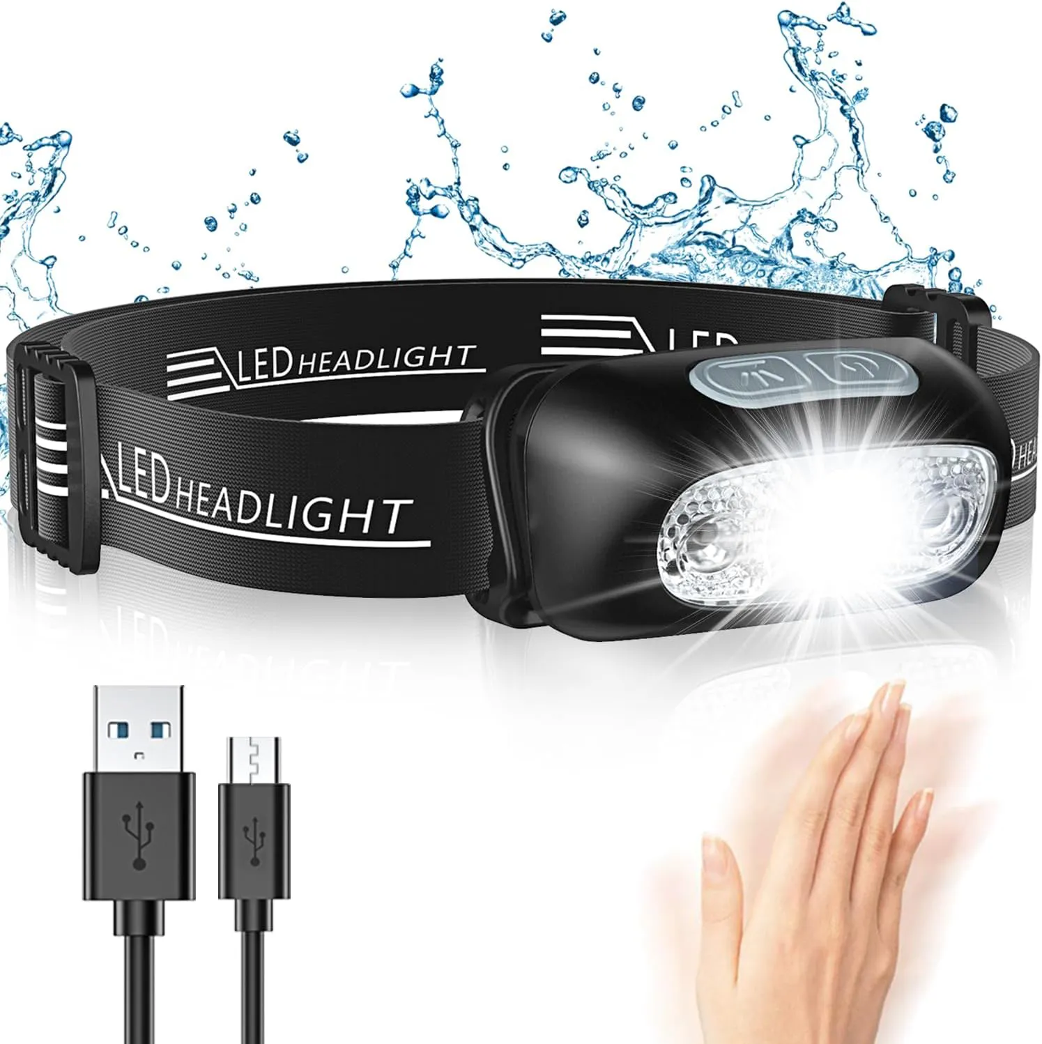 Bild von Glangeh LED Kopflampe mit Bewegungssensor und 4 Lichtmodi, wiederaufladbar und wasserdicht, ideal für Joggen, Campen und Angeln