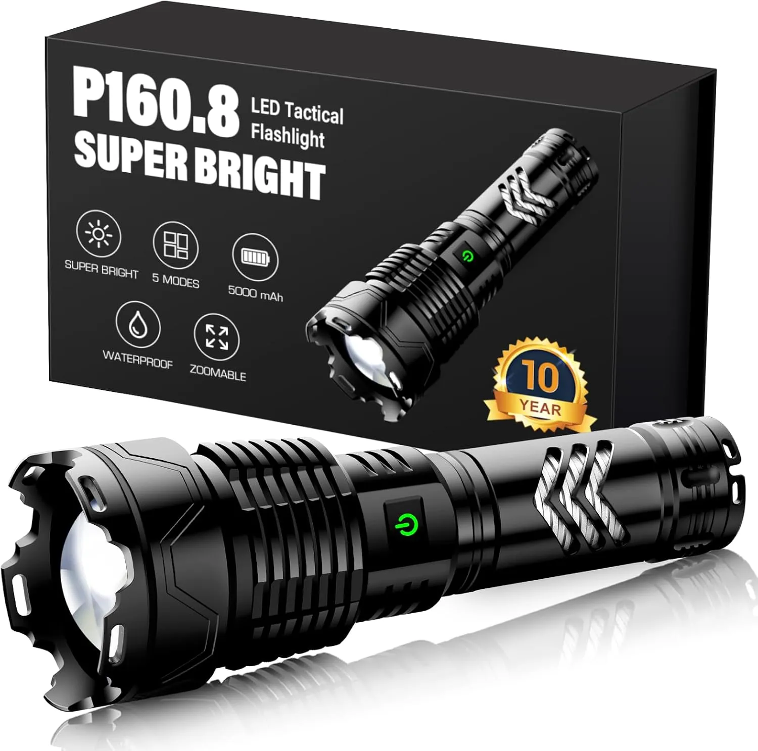 Bild von Glarylight LED Taschenlampe mit 500000 Lumen, aufladbar, zoombar und 6 Lichtmodi, wasserdicht nach IPX7, ideal für Camping