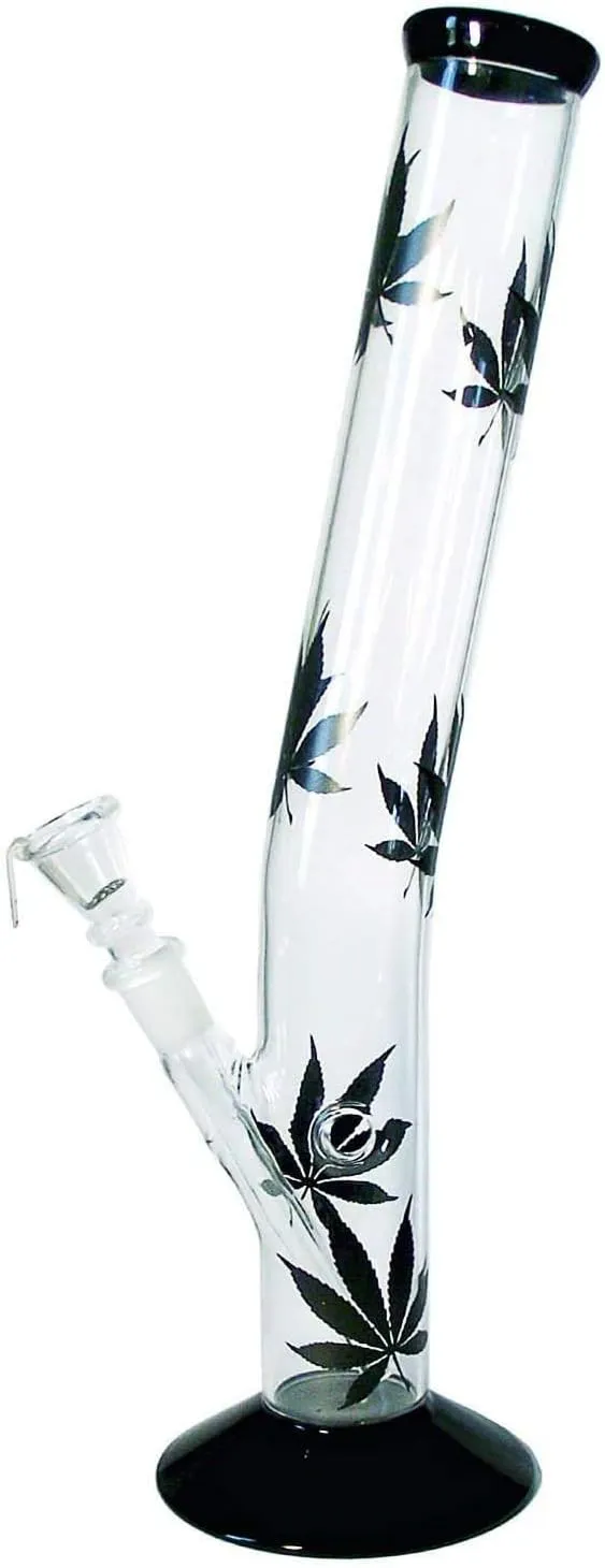 Bild von Glasbong 35 cm mit schwarzen Blättern und 40 mm Durchmesser, 14,5er Schliff, inklusive Sieb