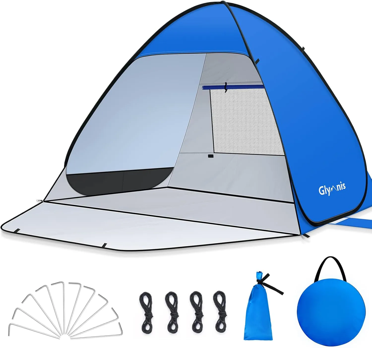Bild von Glymnis Pop Up Strandmuschel mit UV-Schutz 50+, Reißverschlusstür und kompaktem Packmaß in Blau