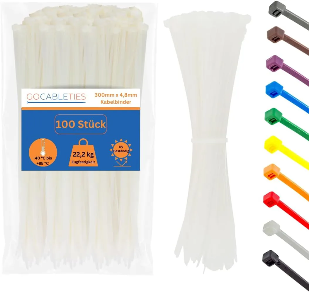 Bild von Gocableties Kabelbinder Set mit 100 Stück in Weiß und Transparent, 300 mm x 4,8 mm und 22,2 kg Zugfestigkeit
