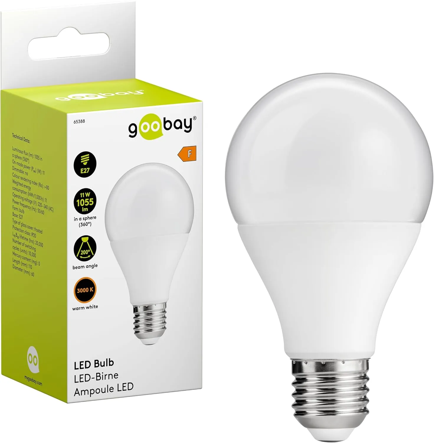 Bild von goobay 65388 LED Birne mit 11 Watt in Warmweiß, mattiert, E27 Fassung, energiesparend als Ersatz für Glühbirnen