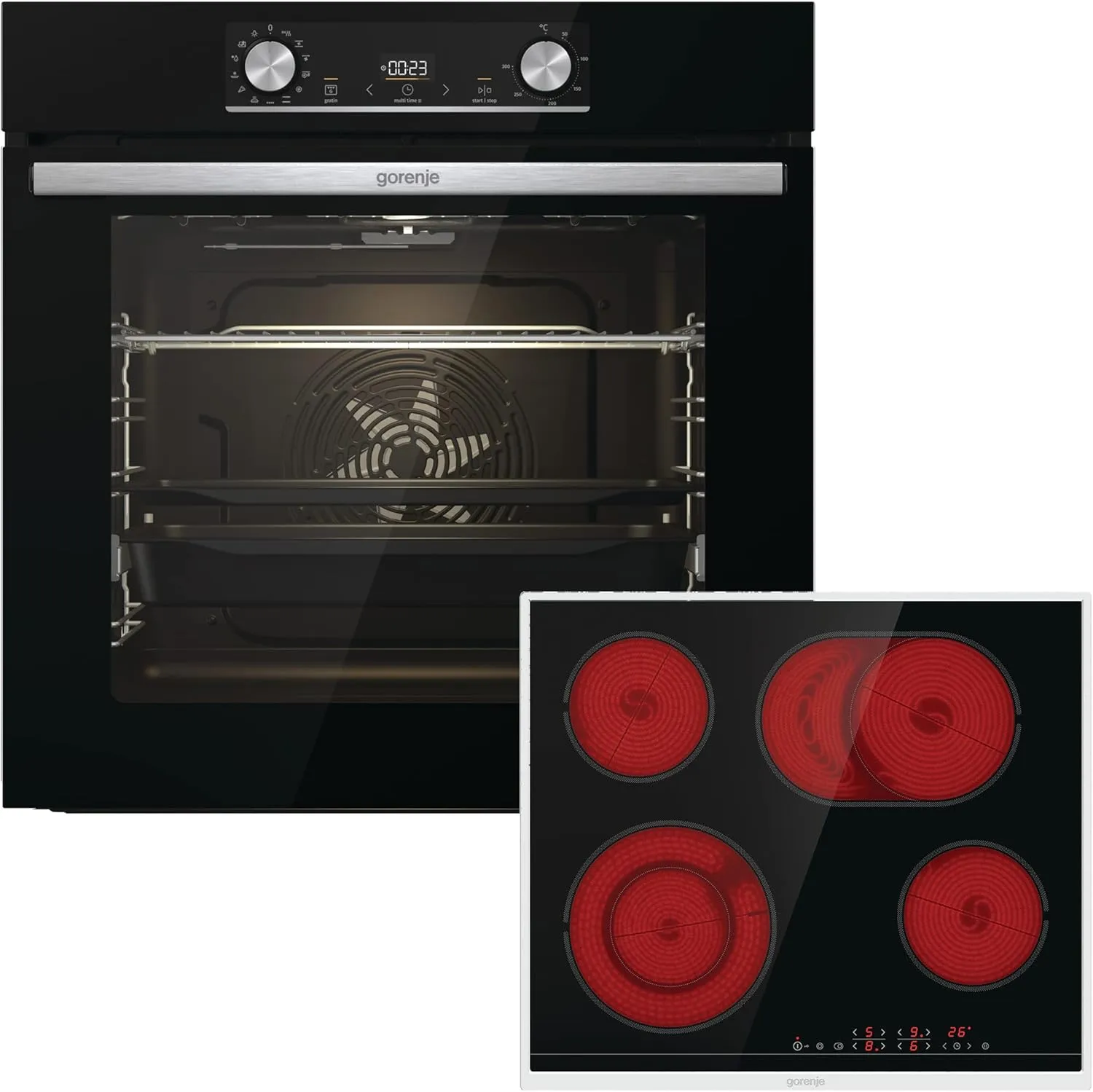 Bild von Gorenje OptiBake Einbaubackofen Set mit 77 Litern, Heißluft, AquaClean, GentleClose, AirFry, Pizzamodus bis 300 Grad, PerfectGrill und schwarzem Glaskeramik-Kochfeld
