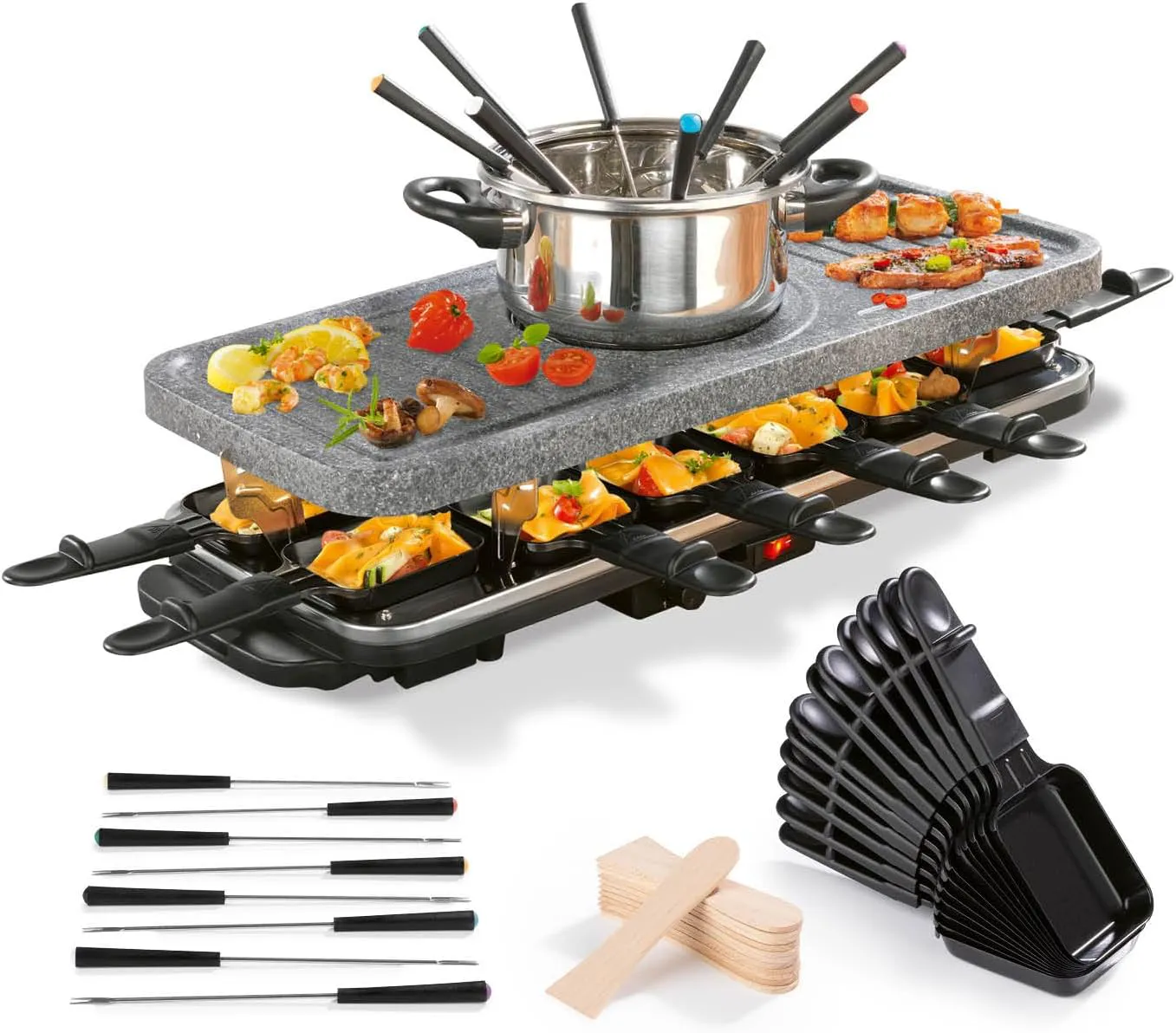 Bild von GOURMETmaxx Raclette und Fondue Kombi XXL für 12 Personen mit 1600 Watt Tischgrill und antihaftbeschichteter Grillplatte