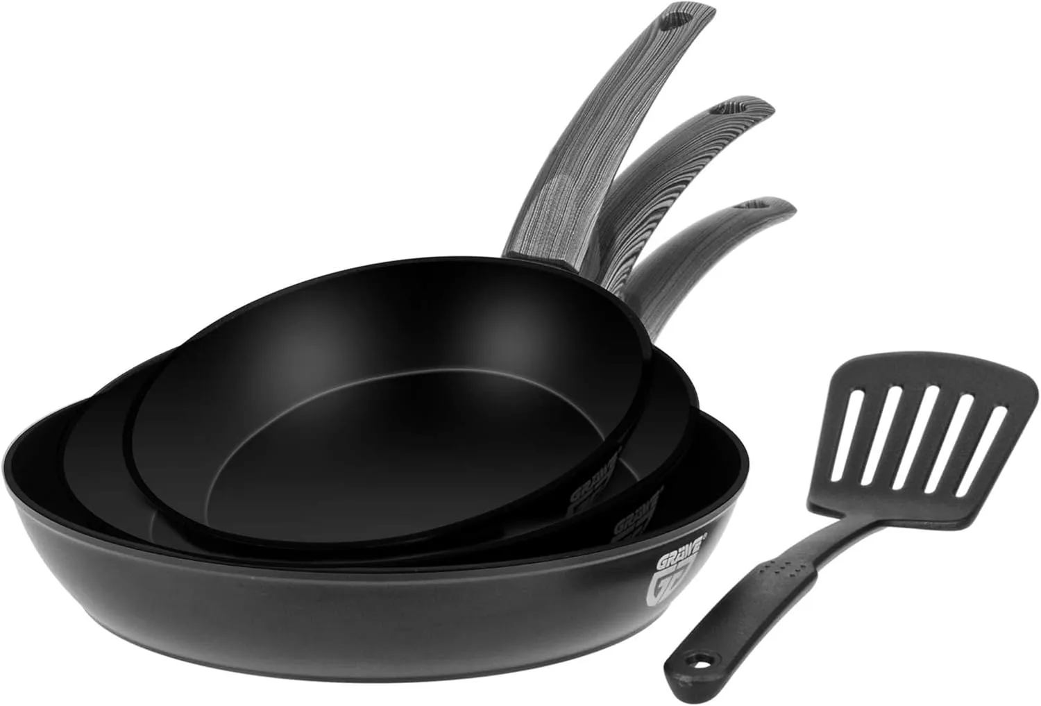Bild von GRÄWE 3-teiliges Pfannenset mit Durchmessern von 20 cm, 24 cm und 28 cm, induktionsgeeignet, inklusive Pfannenwender und rutschfesten Kunststoffgriffen in Holzoptik, ohne PFAS und PFOA