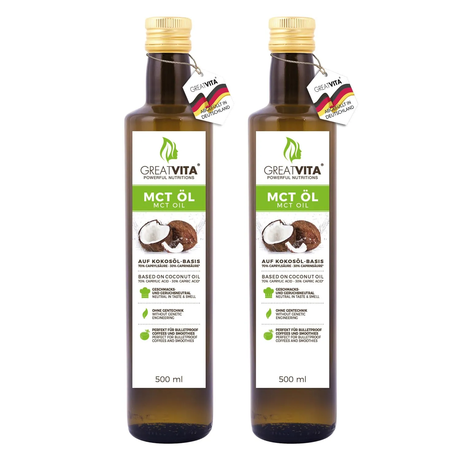 Bild von GreatVita MCT Öl auf Kokosölbasis im 2er Set mit jeweils 500 ml, enthält 70% Caprylsäure und 30% Caprinsäure in Premium Qualität