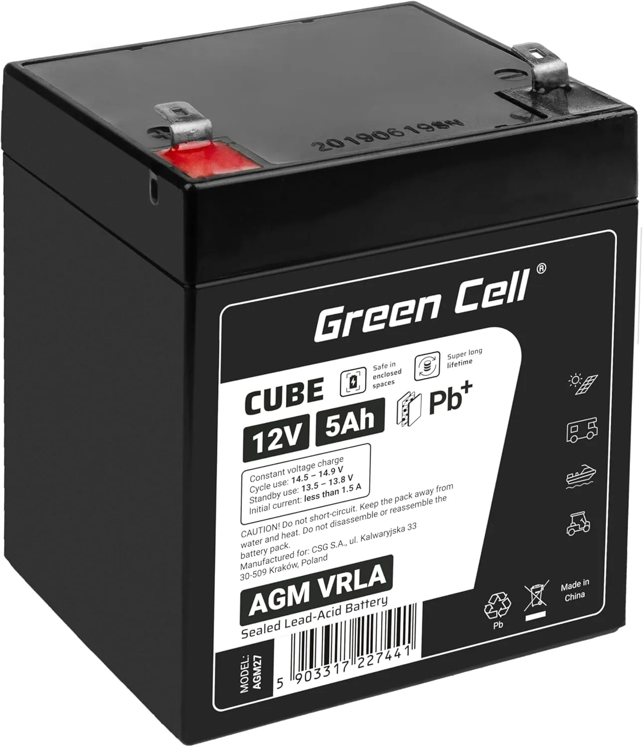 Bild von Green Cell AGM 12V 5Ah Vlies Akku wartungsfrei für Elektrospielzeug und Notstromversorgung
