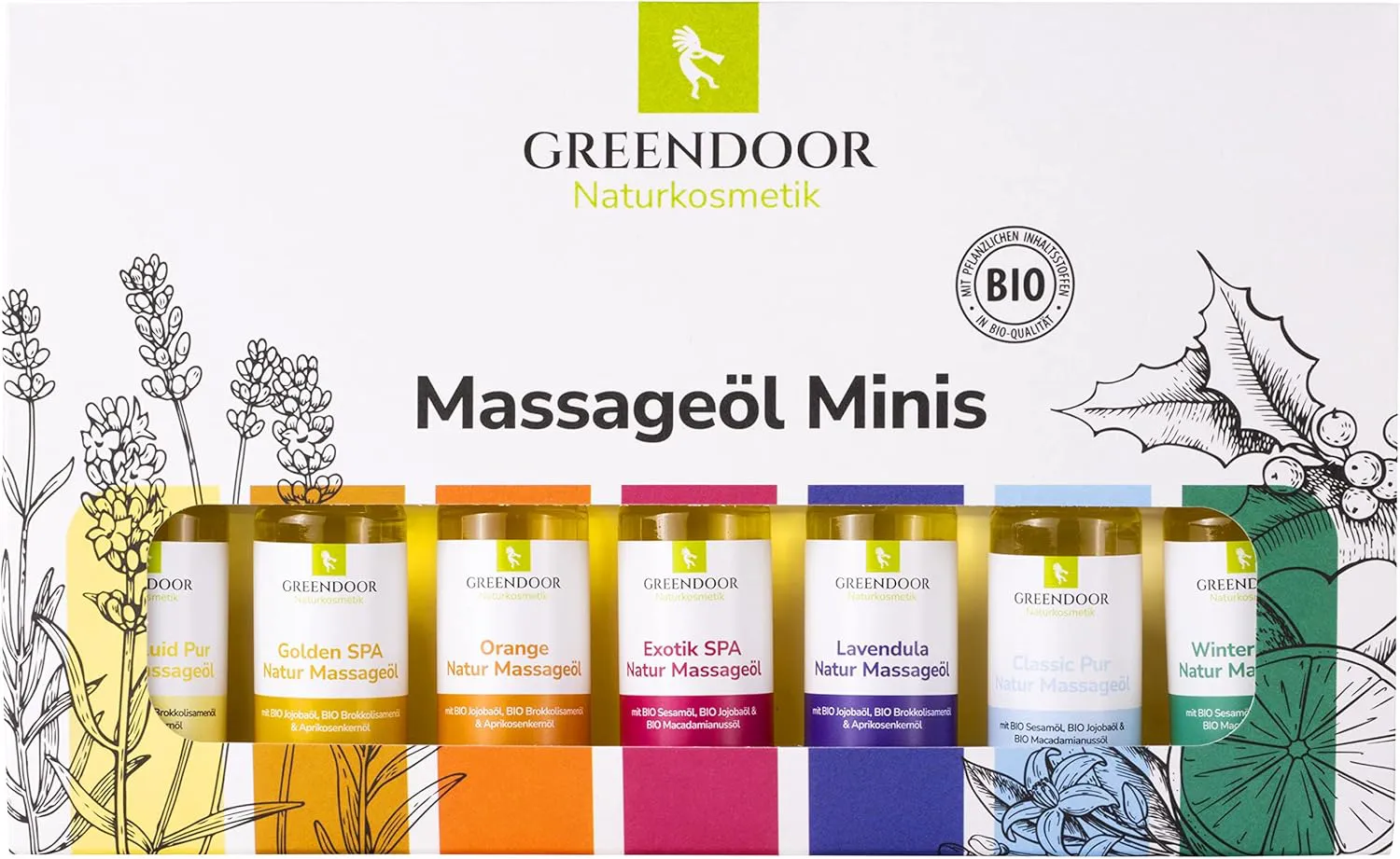 Bild von GREENDOOR Massageöl Set mit 7 Mini Flaschen zu je 25ml und einer 175ml Flasche, 100% vegane Naturkosmetik für ein optimales Massageerlebnis
