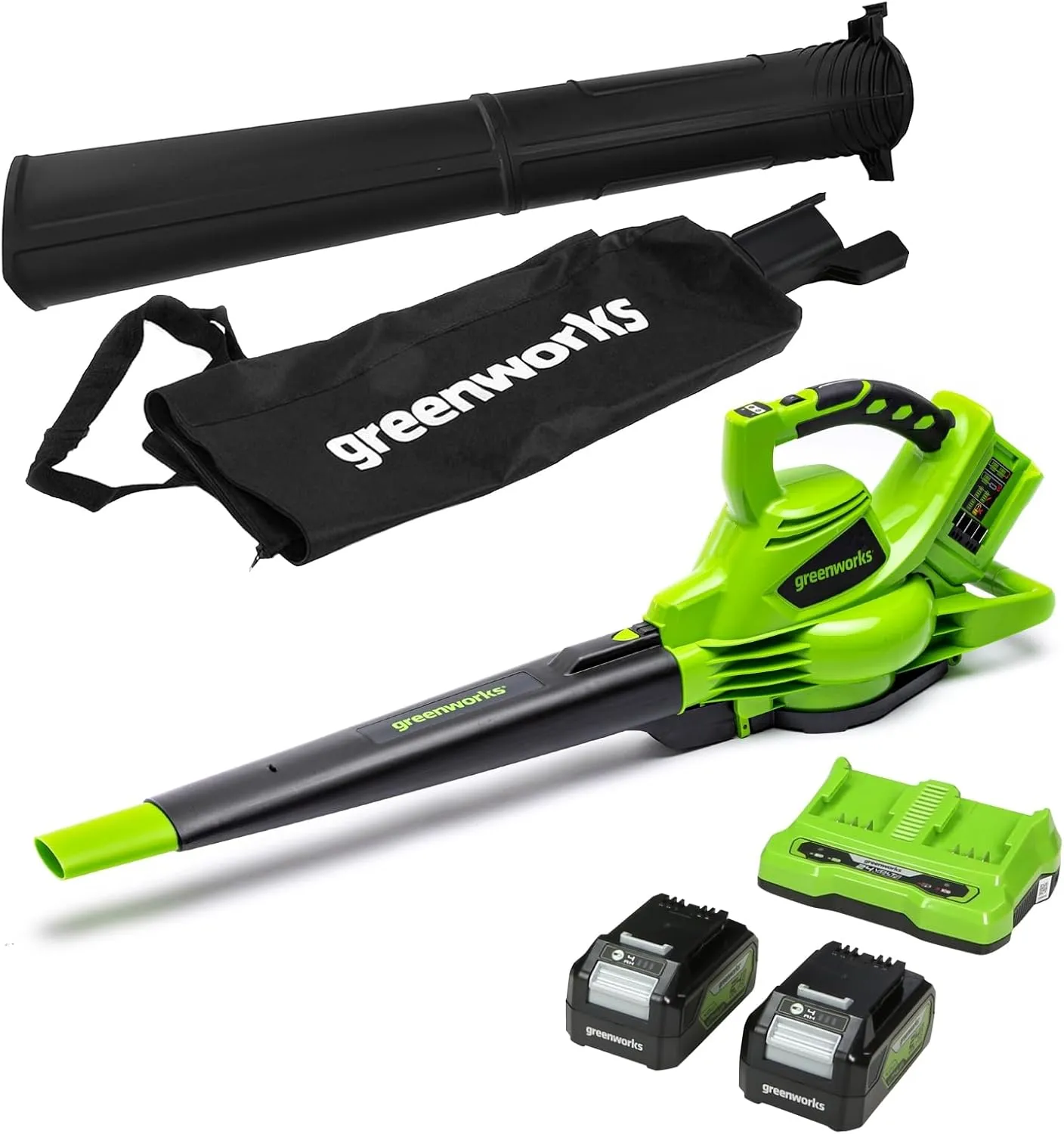 Bild von Greenworks GD24X2BVK4X Akku Laubsauger und Laubbläser mit bürstenlosem Motor, 322 km/h, 9 m³/min, 45 Liter Fangsack, zwei 4 Ah Batterien und Ladegerät, 3 Jahre Garantie