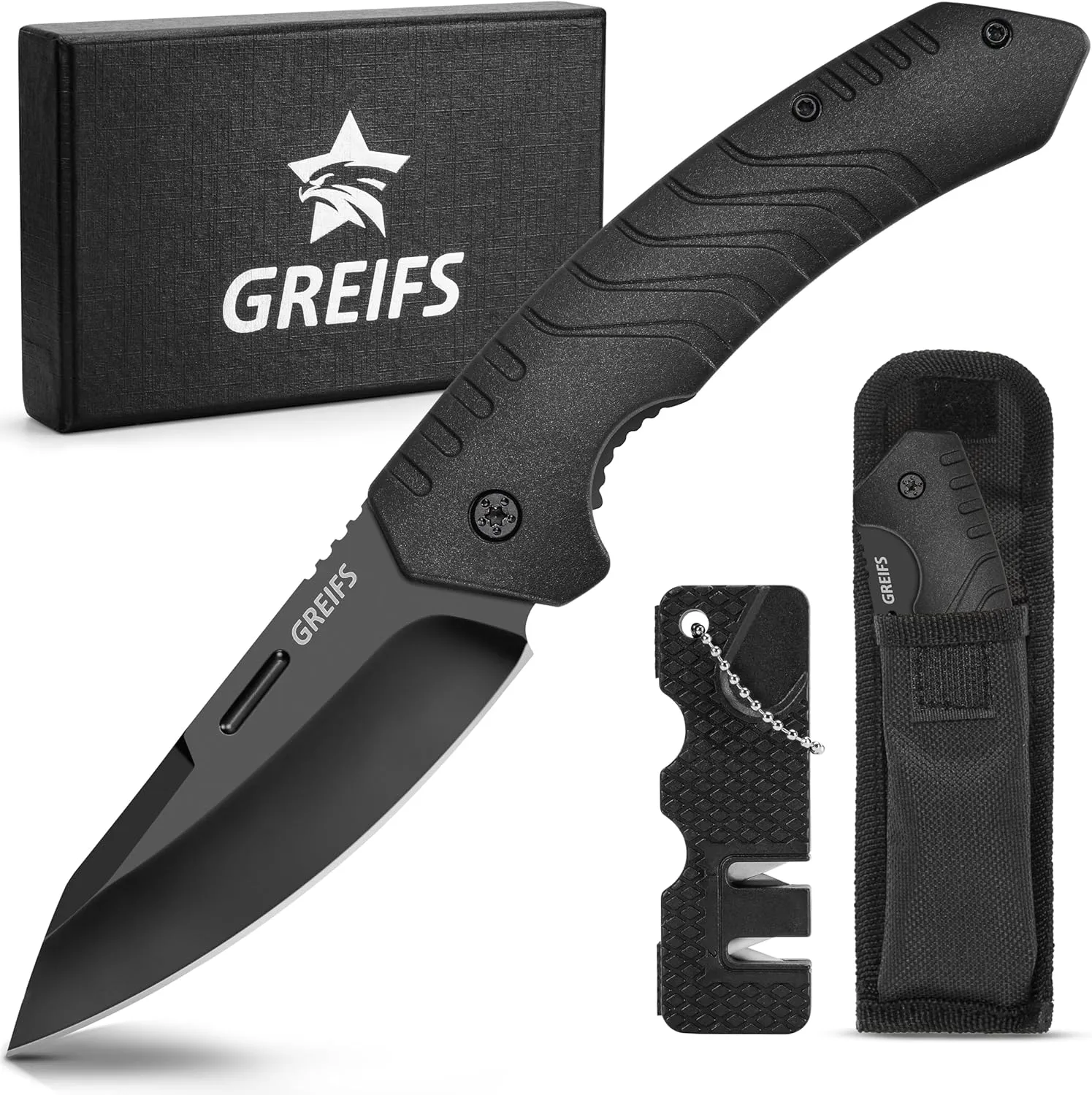 Bild von GREIFS Klappmesser G1 mit Messerschärfer und Tasche, EDC Outdoor und Survival Taschenmesser in Schwarz