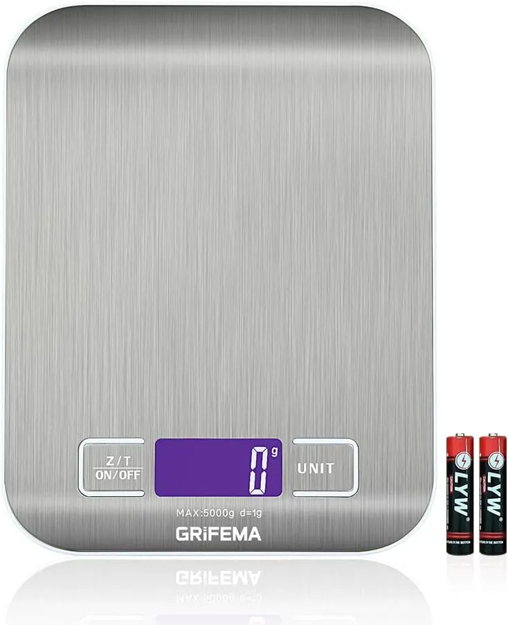 Bild von GRIFEMA Küchenwaage aus Edelstahl mit LCD Display, präzise von 1g bis 5000g, Tara-Funktion, 6 Maßeinheiten und Batterien inklusive