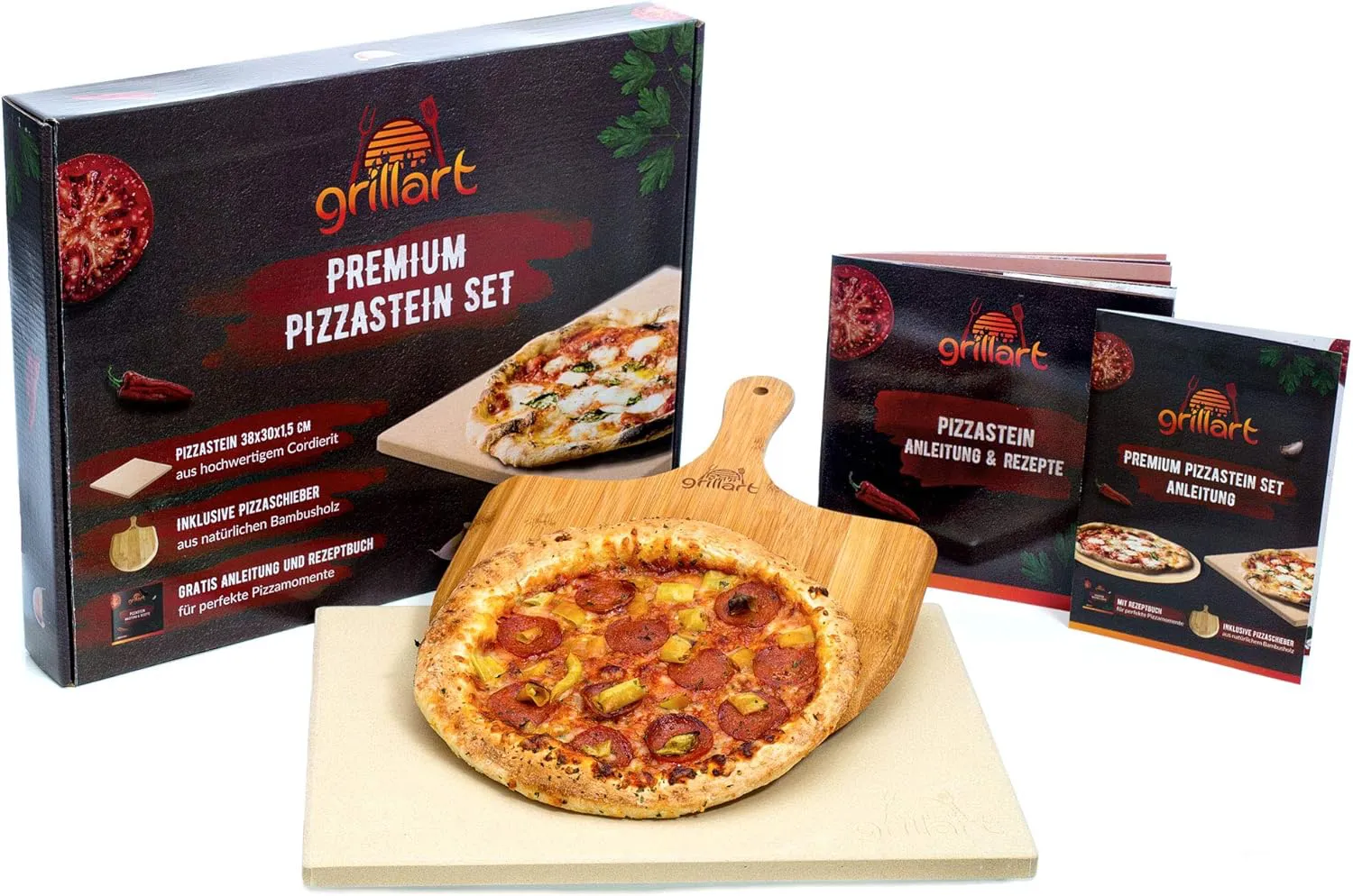 Bild von Grillart Premium Pizzastein Set für Gasgrill und Backofen mit Pizzaschieber und Rezeptbuch
