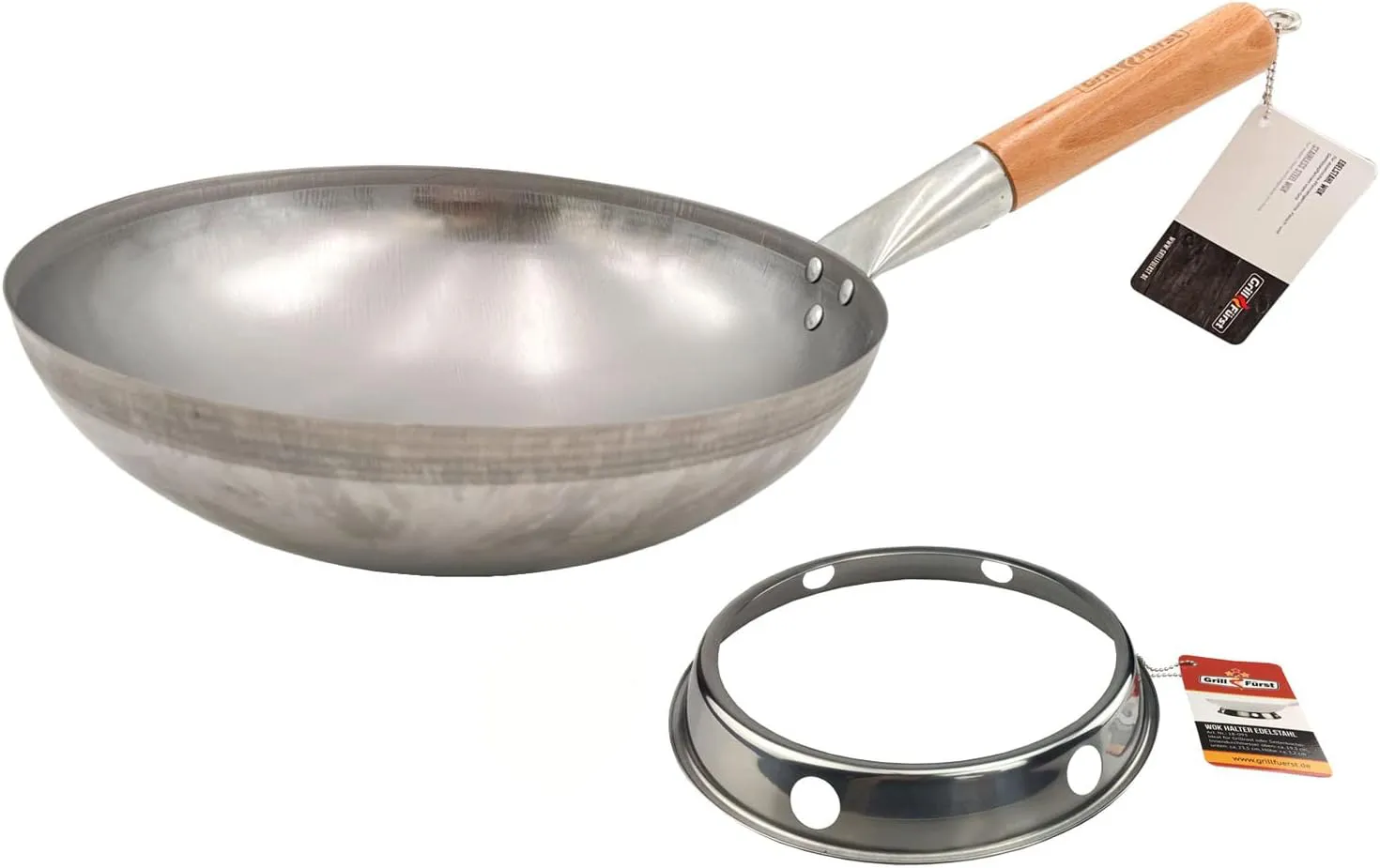 Bild von Grillfürst Wok Pfanne aus Edelstahl mit 30 cm Durchmesser und Holzgriff, inklusive Wok-Ring für Grill oder Gasherd