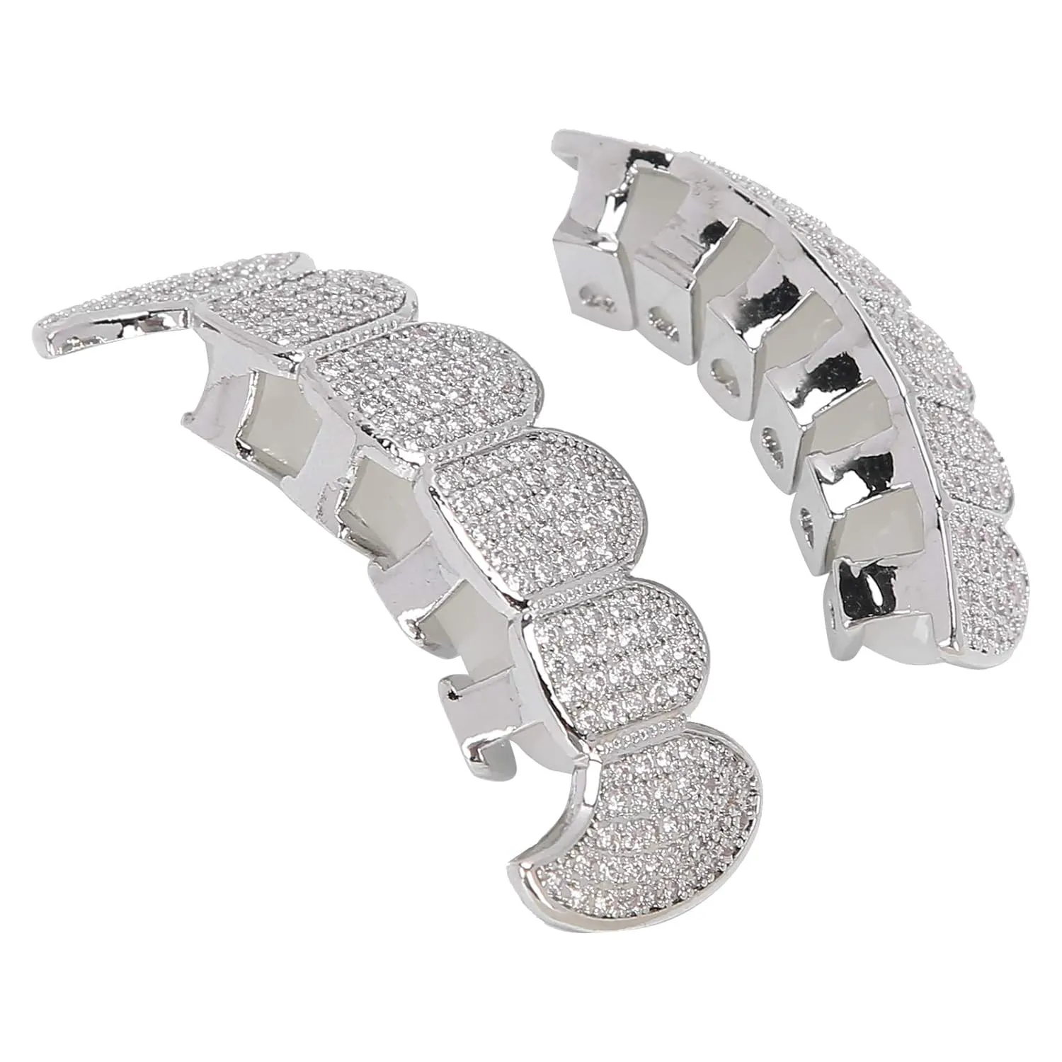 Bild von Grillz Zahnspange Set mit simulierten Diamanten für obere und untere Zähne in Silber