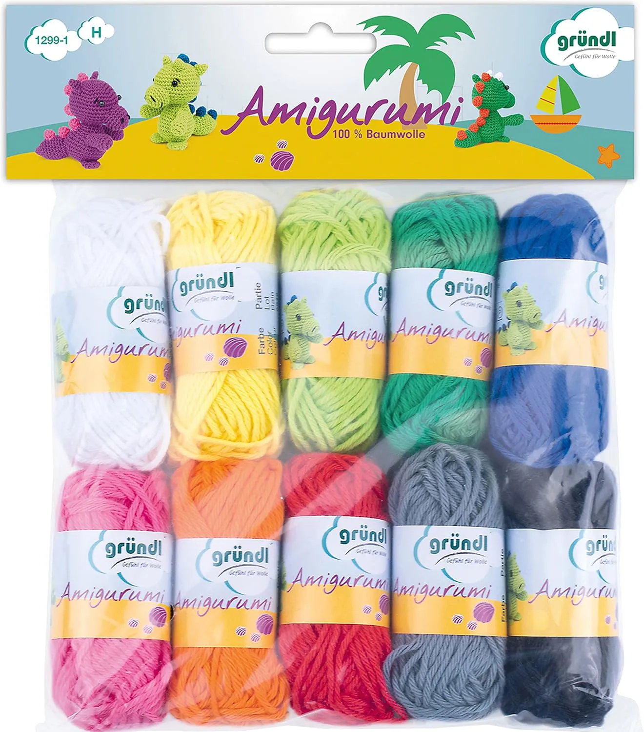 Bild von Gründl Amigurumi-Set mit 10 bunten Miniknäueln aus 100 % Baumwolle, je 10 g, ideal zum Häkeln