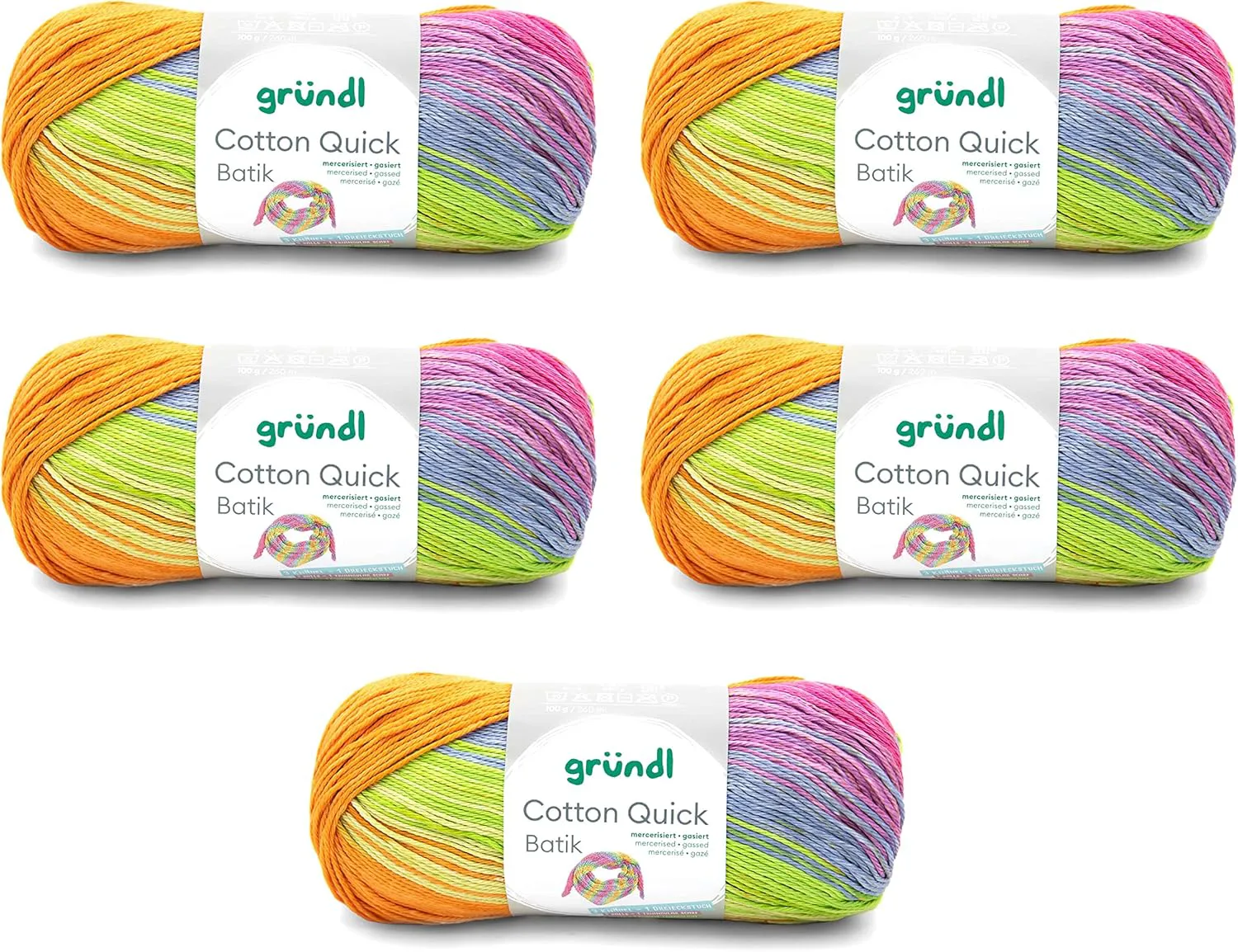 Bild von Gründl Cotton Quick Batik Strickgarn in orange-grün-blau-violett, 100 g mit 260 m, aus 100% Baumwolle, OEKO-TEX zertifiziert, Nadelstärke 3-4, 5 x 100 g