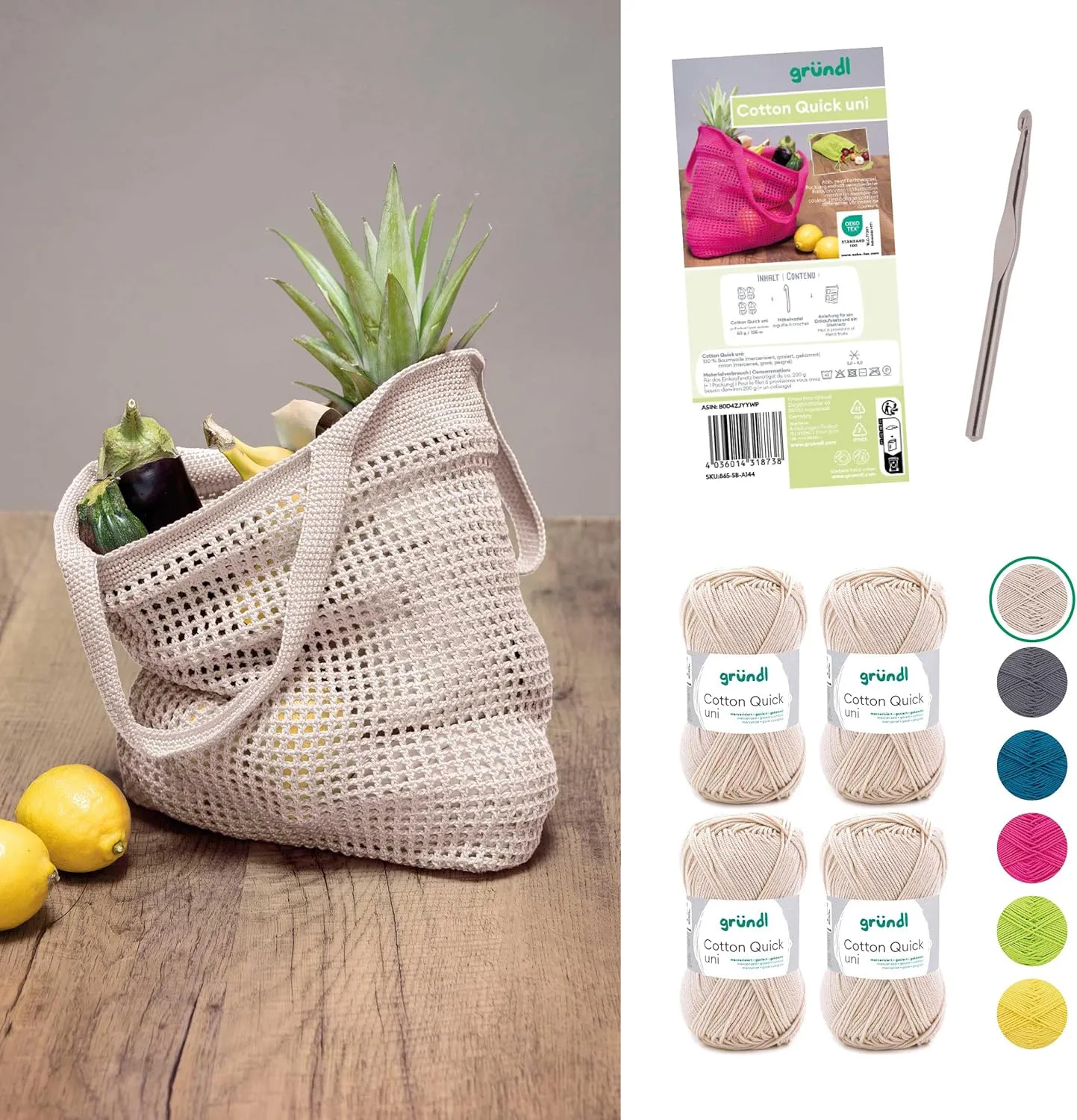 Bild von Gründl Cotton Quick Häkelset in Sand mit 200 g Baumwolle und Häkelnadel