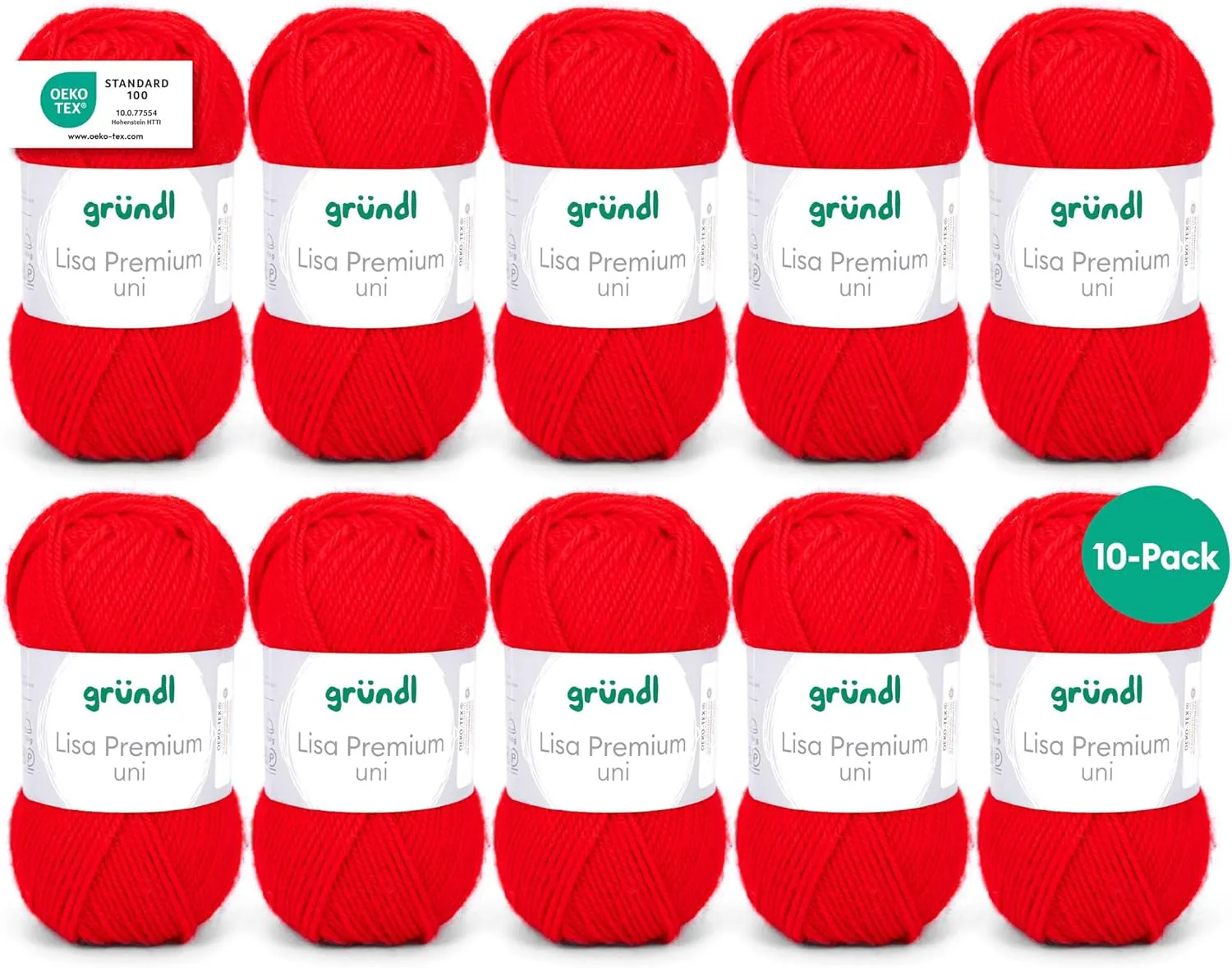 Bild von Gründl Lisa Premium Uni Strickgarn in Signalrot, 10 x 50g, 100% Polyacryl, superweich und pflegeleicht, Nadelstärke 3,5-4,5