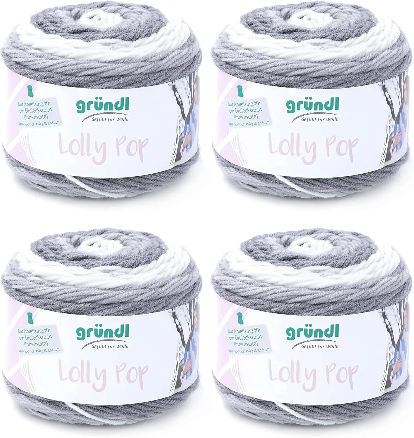 Bild von Gründl Lolly Pop Häkel- und Strickgarn in Silver Swirl, 100 % Polyacryl, 150 g mit 240 m, Nadelstärke 5 bis 6, im 4er Set