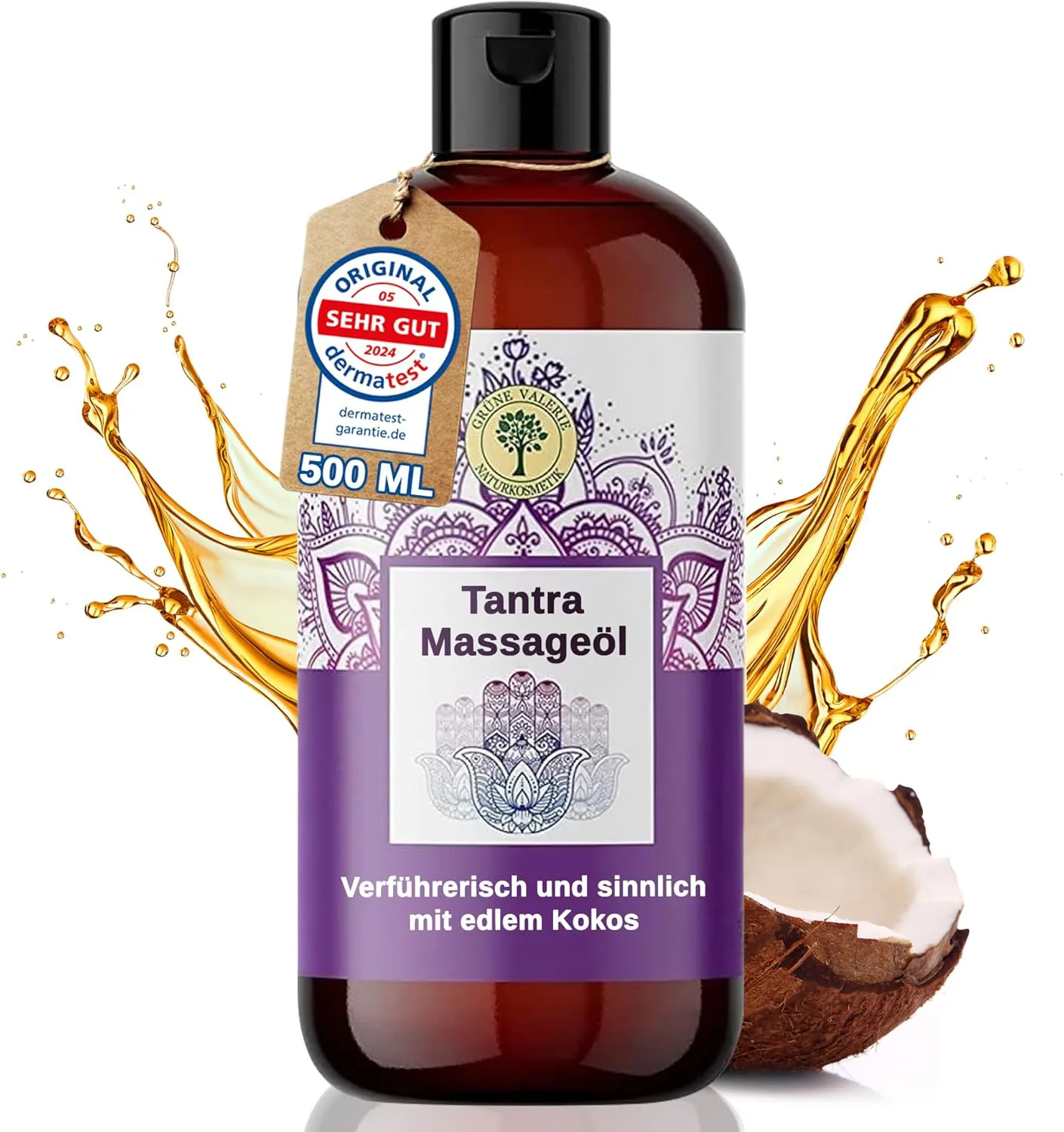 Bild von GRÜNE VALERIE XXL Massageöl 500 ML mit fruchtigem Kokosgeschmack, ausgezeichnet mit DERMATEST Exzellent, Qualitätsöl aus Italien