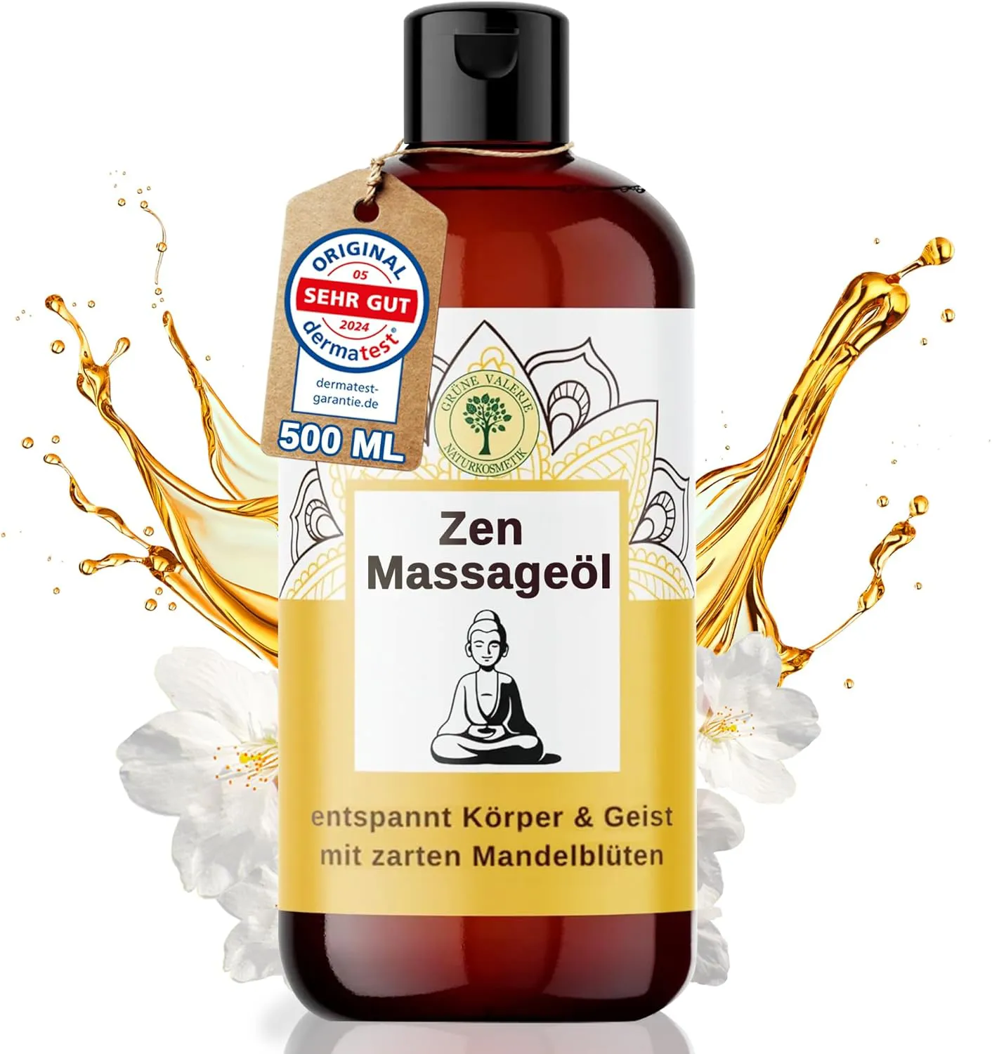 Bild von GRÜNE VALERIE Zen Massageöl XXL mit 500 ML süßen Mandeln aus Italien, ausgezeichnet von DERMATEST