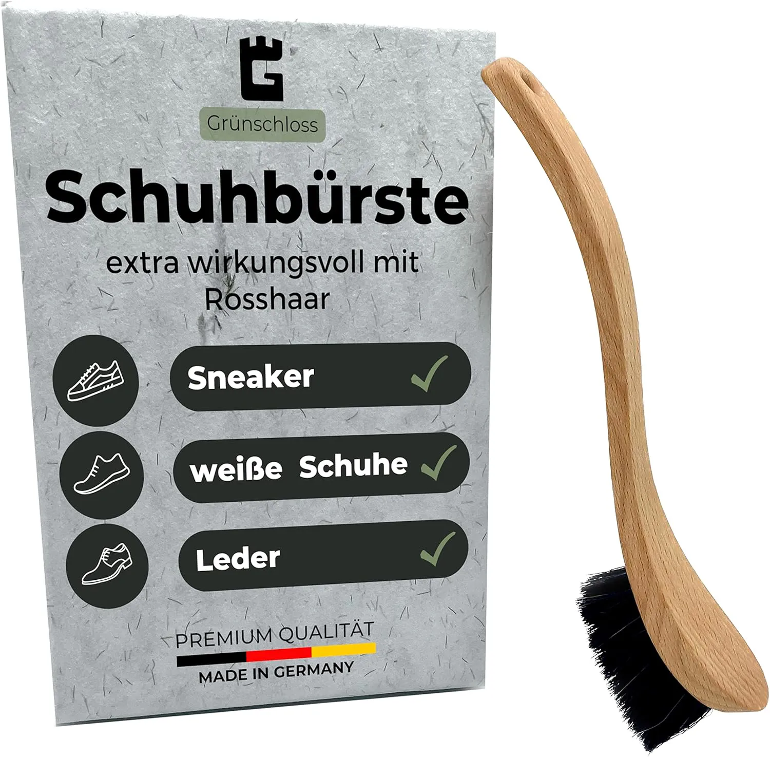 Bild von Grünschloss Schuhbürste aus Buchenholz mit XXL Griff und Rosshaar für die effektive Reinigung von Sneakern und Lederschuhen