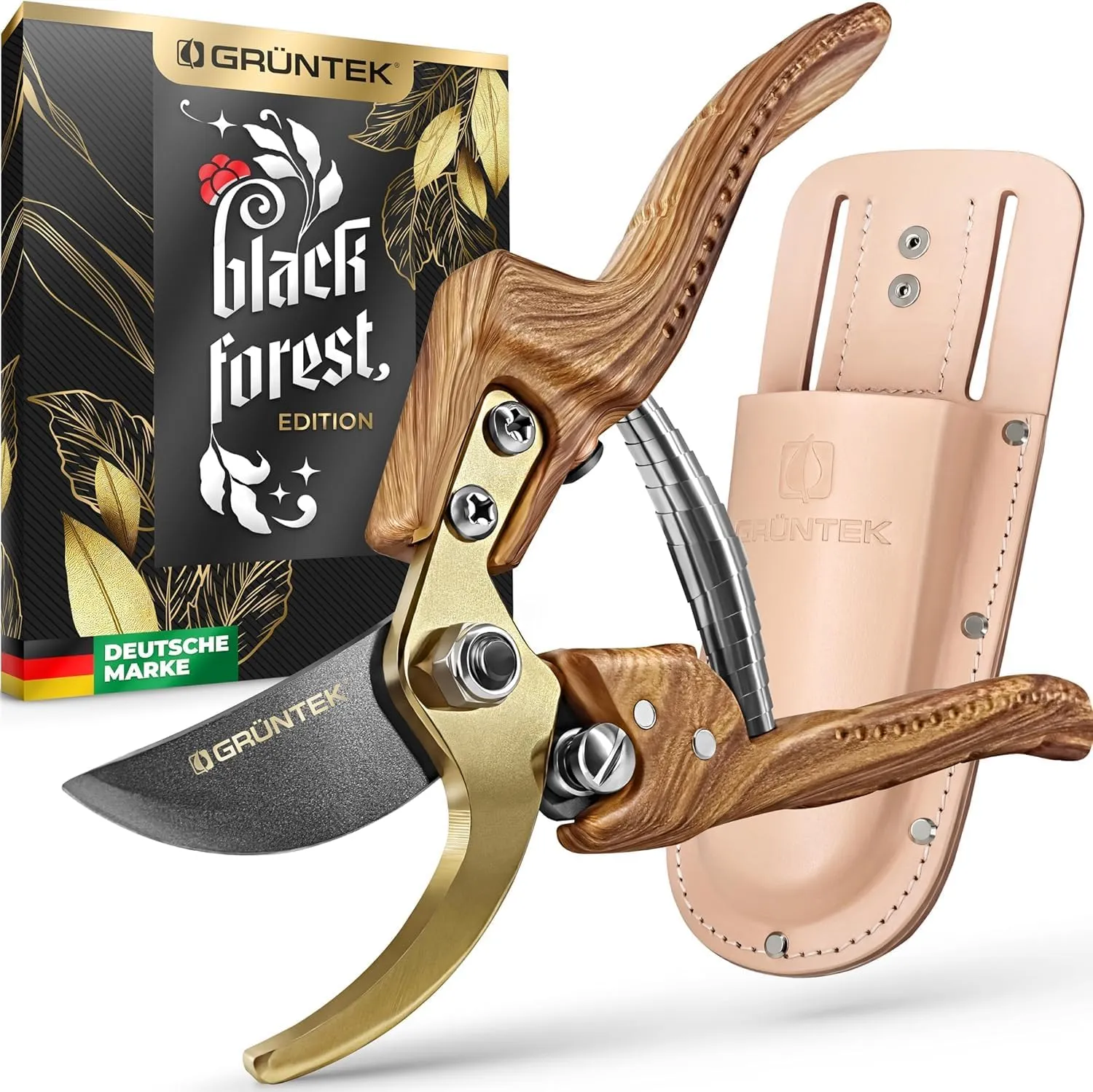 Bild von GRÜNTEK Premium Gartenscheren Set Black Forest Edition mit 210 mm Bypass-Klingen und Echtleder-Holster