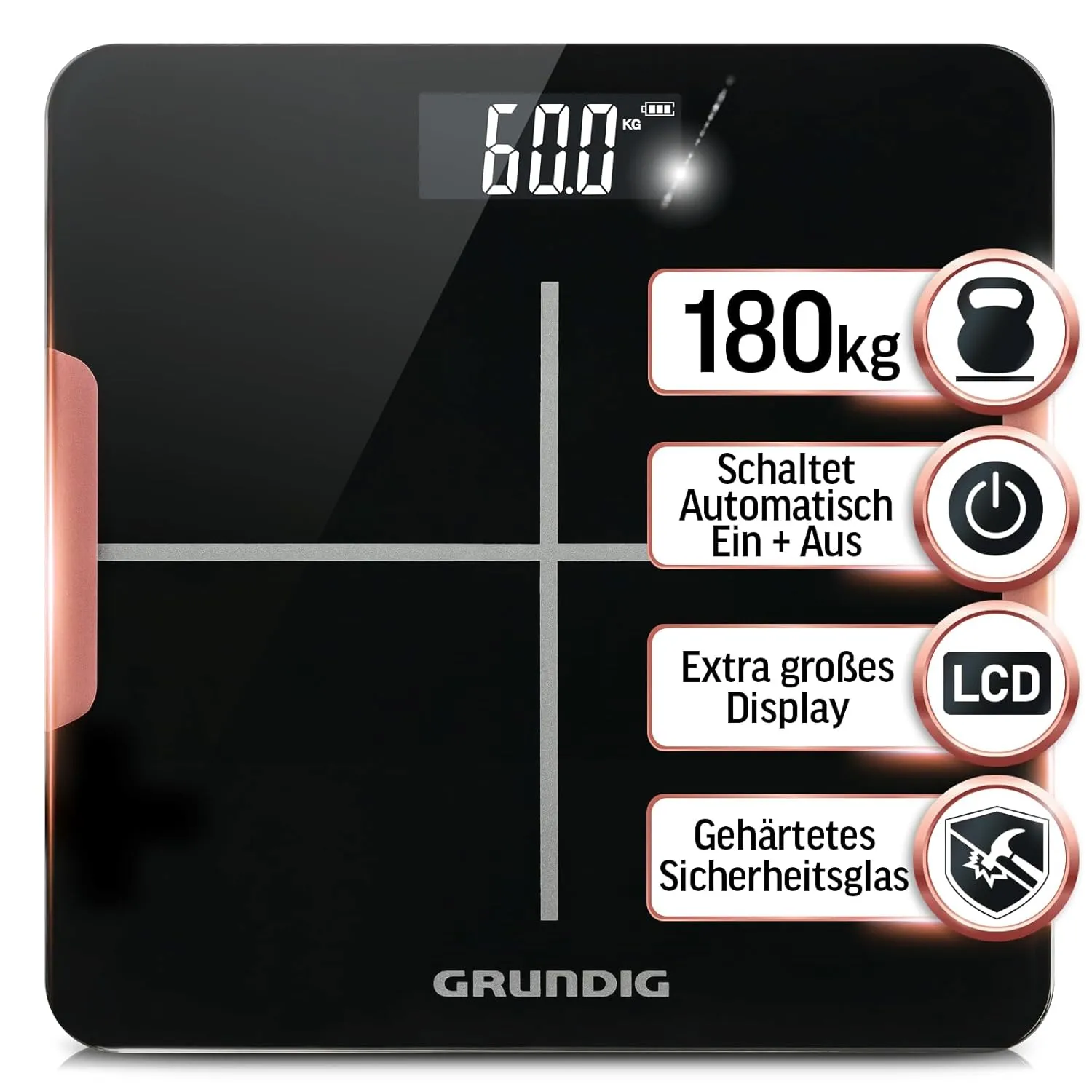 Bild von Grundig digitale Personenwaage bis 180 kg mit hochpräzisen Sensoren und großem LCD-Display in Schwarz, ohne Batterien