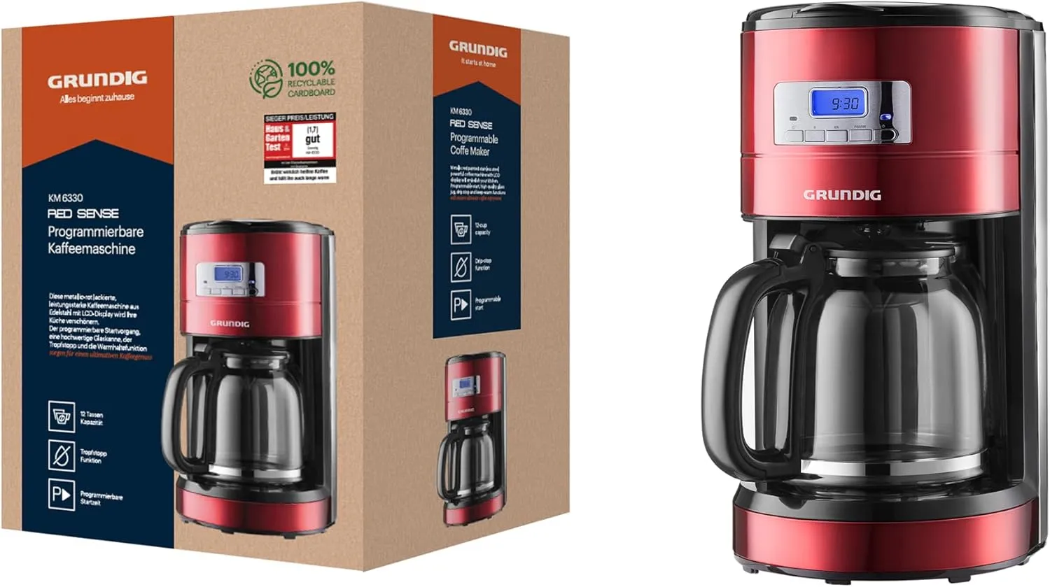 Bild von Grundig KM 6330 Kaffeemaschine in metallic rot mit 1,8 Litern, digitaler Uhr und programmierbarer Startzeit für 12 Tassen