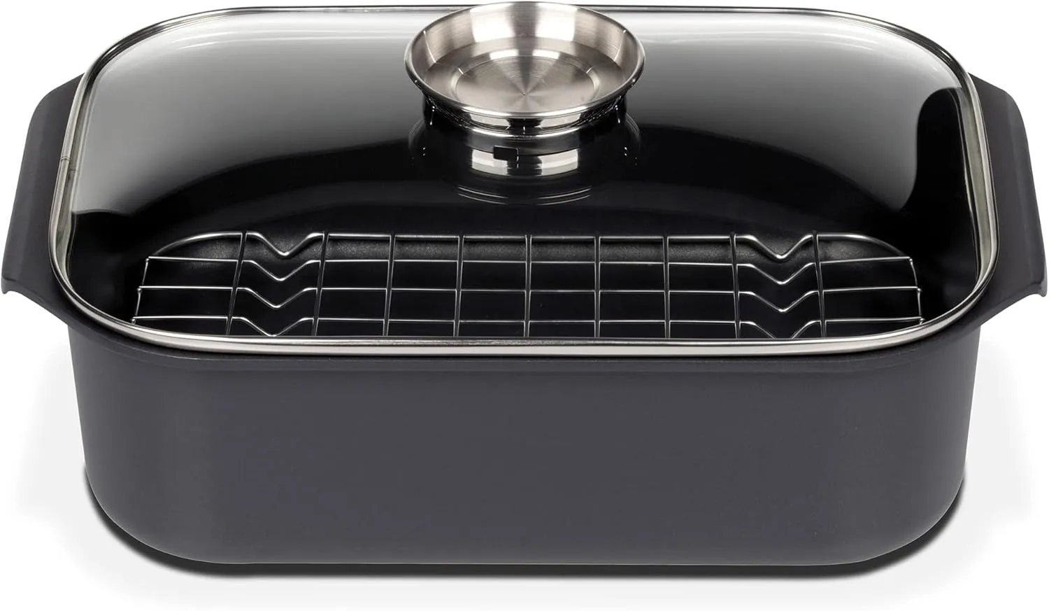 Bild von GSW Rechteckbräter Gourmet mit Aroma-Glasdeckel und Grilleinsatz aus Aluguss, schwarz, 40 x 26 x 11 cm