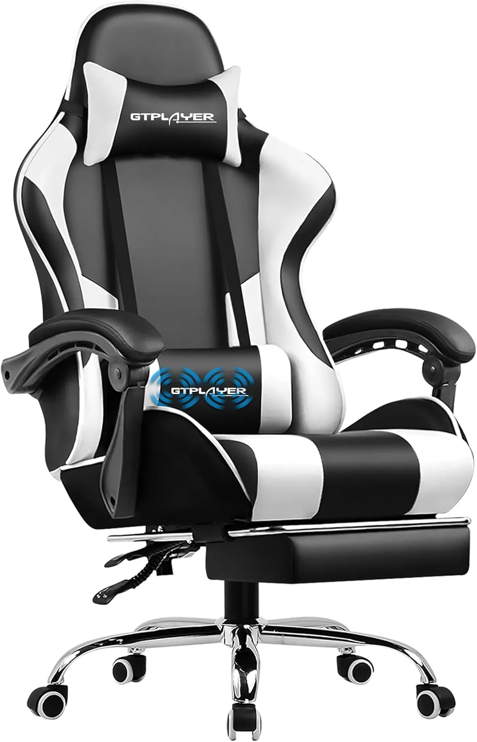Bild von GTPLAYER Gaming Stuhl mit Massagefunktion, ergonomischem Design, Fußstütze und Kopfstütze in Weiß