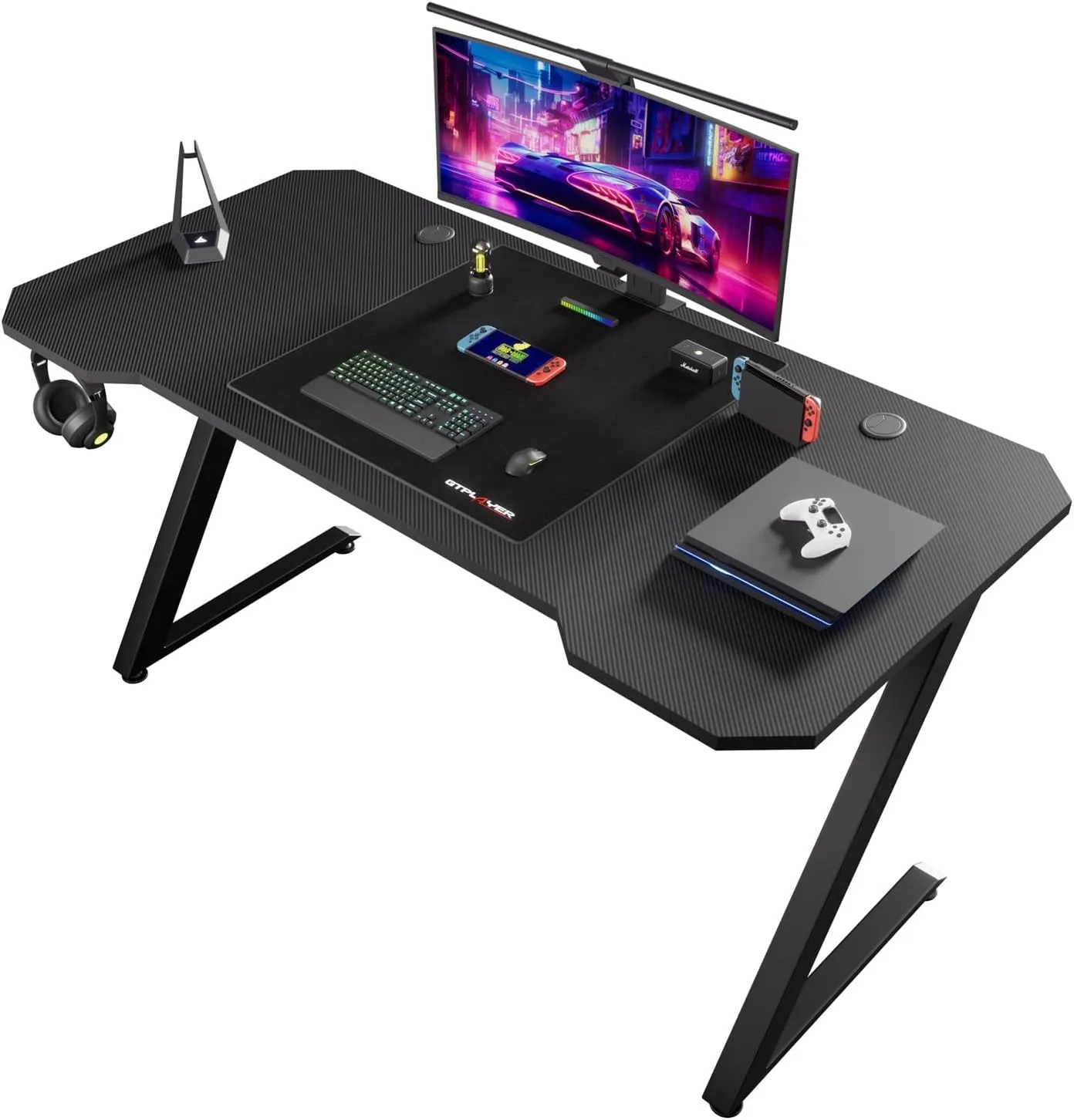 Bild von GTPLAYER Gaming Tisch mit 120 x 60 cm, stabiler Kohlefaseroberfläche und Kopfhörerhaken in Schwarz